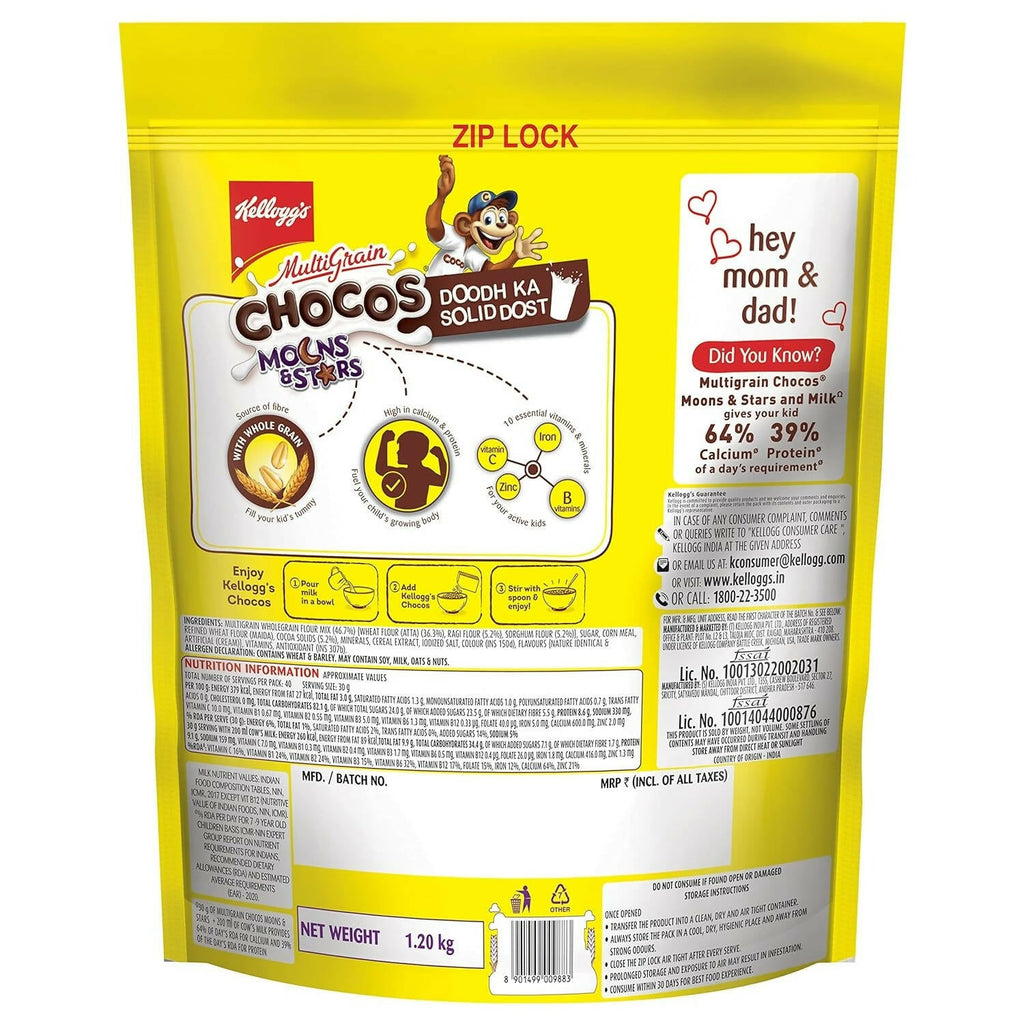 Kellogg's Multigrain Chocos Moons & Stars, High In Calcium & Protein,Essential Vitamins,Iron & Immuno Nutrients