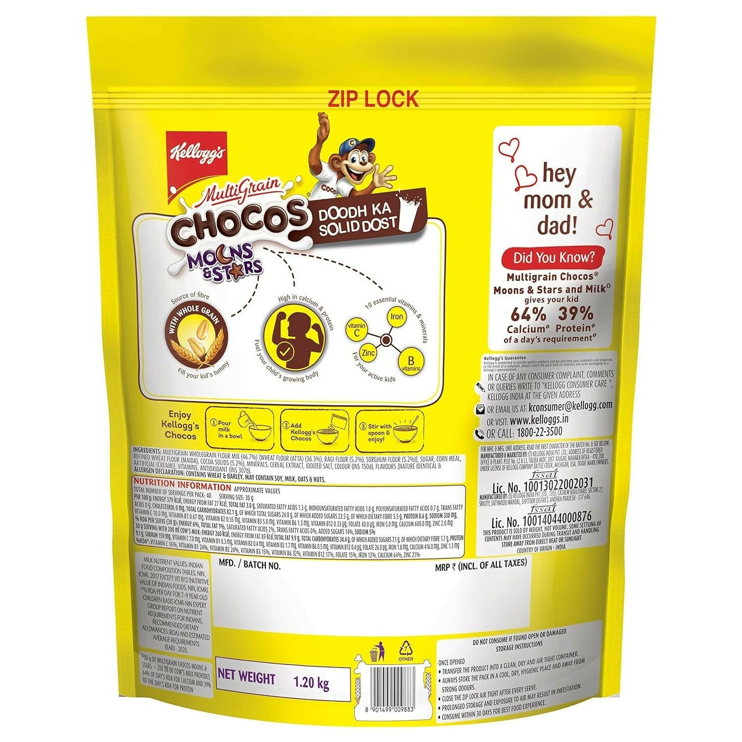 Kellogg's Multigrain Chocos Moons & Stars, High In Calcium & Protein,Essential Vitamins,Iron & Immuno Nutrients