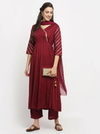 Rudra Bazaar Wine Angrakha Style Flared Anarkali Kurta with Pyjamas & Dupatta - Distacart