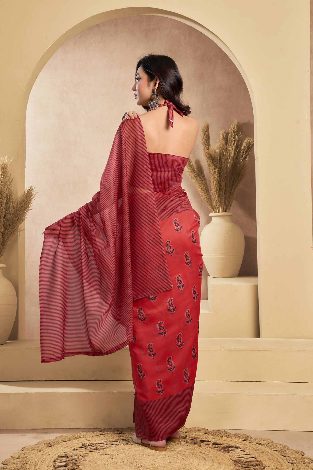 Vastranavya Rust Digital Printed Linen Ready To Wear Designer Saree with Unstitched Blouse - Distacart