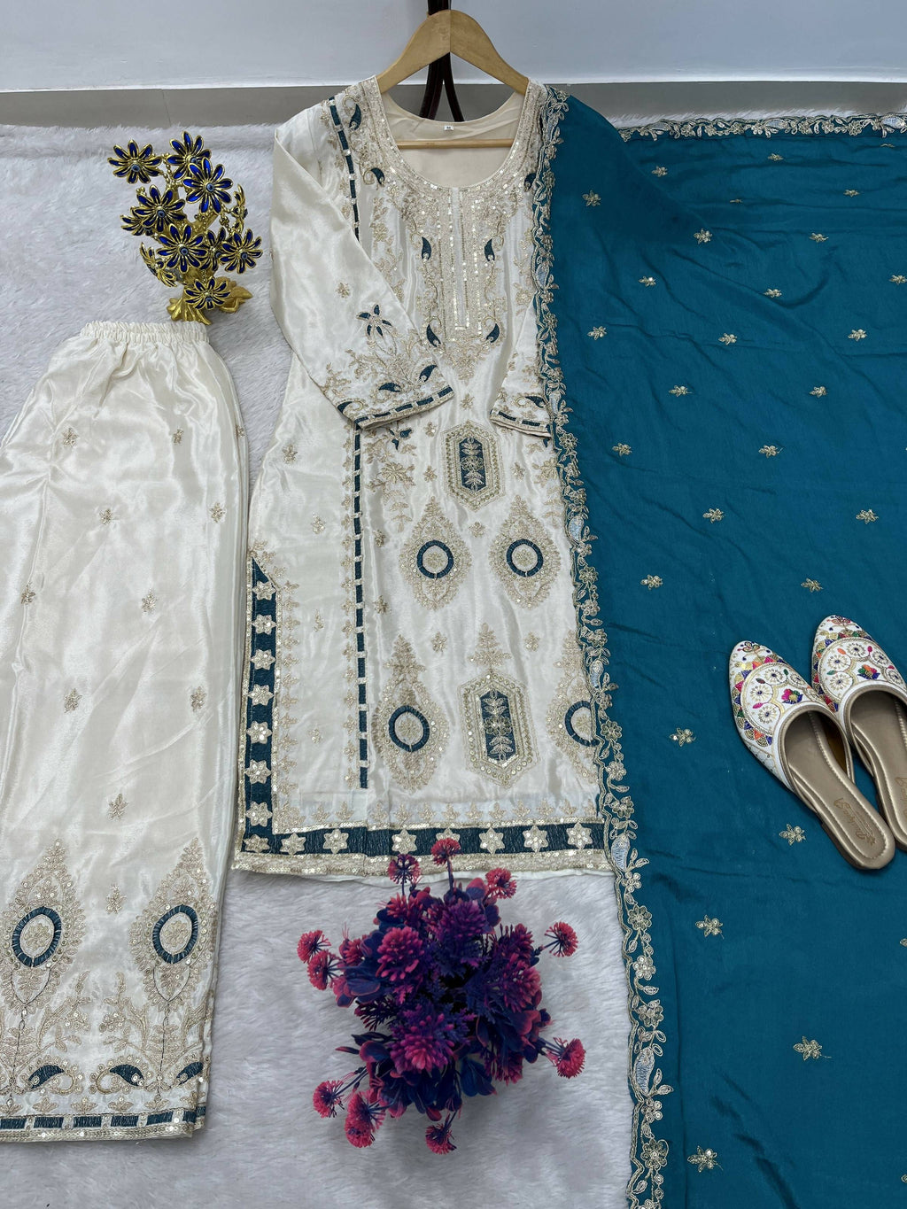 Teeya Creation White Color Chinon Silk Party Wear Trending Palazzo Set - Distacart