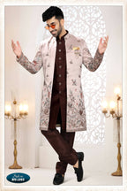Joban Fashion Men's Skin Brown Straight Silk Thread And Sequence Embroidery All Over 3 Pc Kurta Set