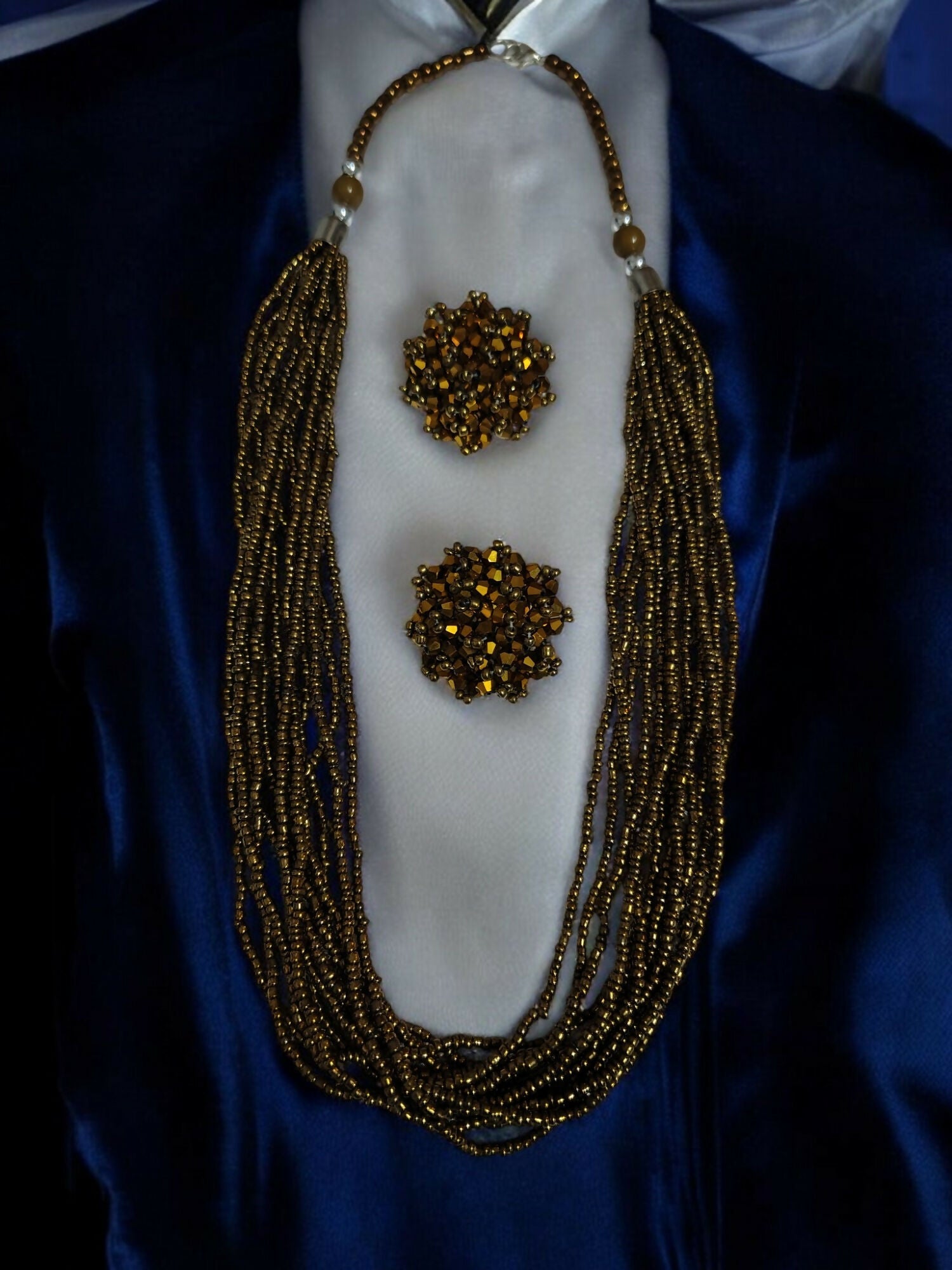 Inhanns Bloom Handmade Beaded Necklace With Earrings - 12 Layers - Golden Necklace Set