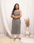 FIORRA Women's Strip Printed Black Cotton Straight Kurta