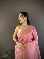 Joban Fashion Pastel Pink Floral & Paisley  Linen Silk Banarasi Saree - Distacart