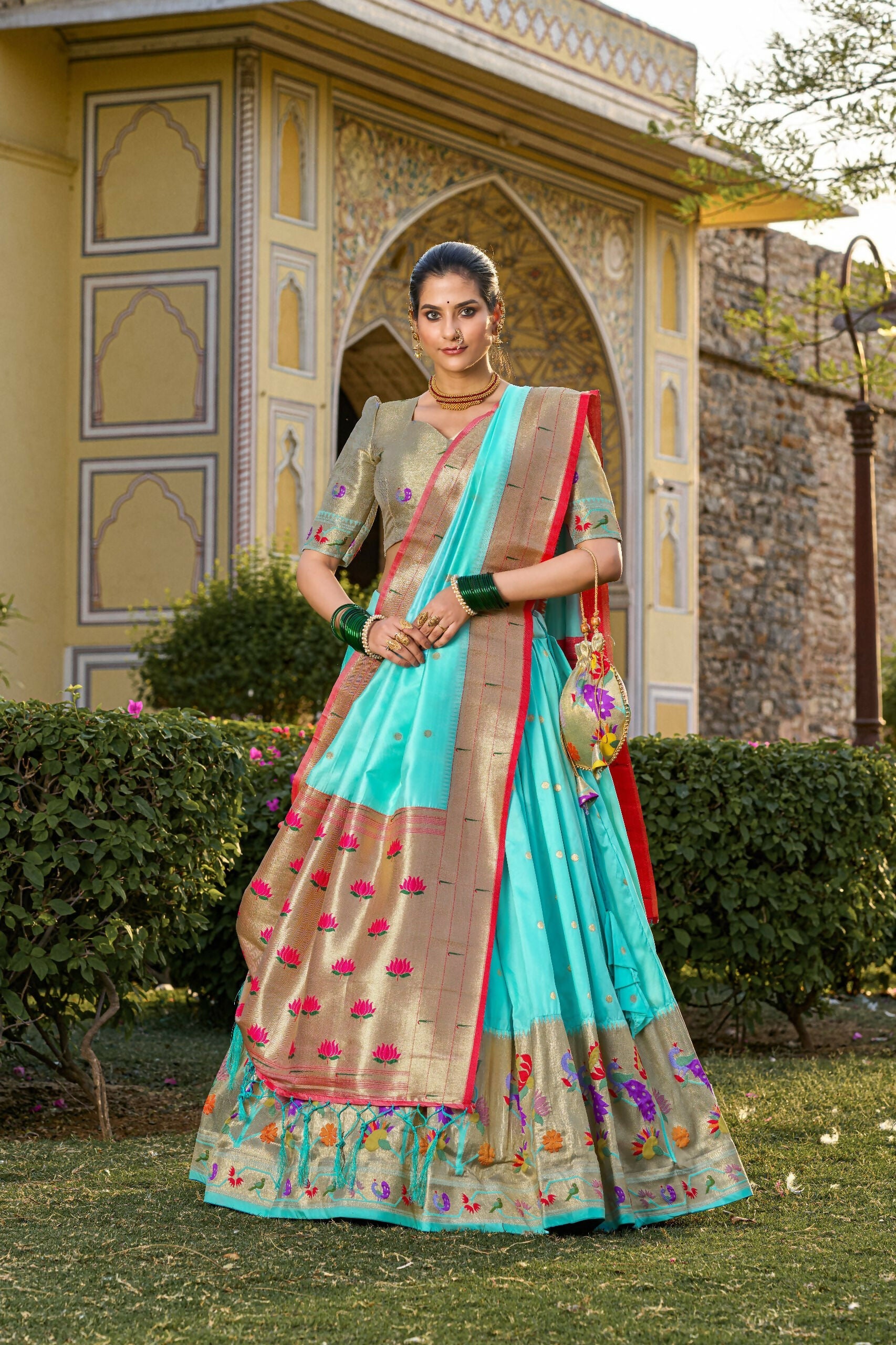 Vastranavya Traditional Jacquard Silk Paithani Lehenga Choli - Sky Blue
