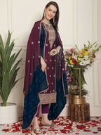 Jyoti Fashion Women's Magenta Chinon Chiffon Embroidered Designer Straight Suit Set