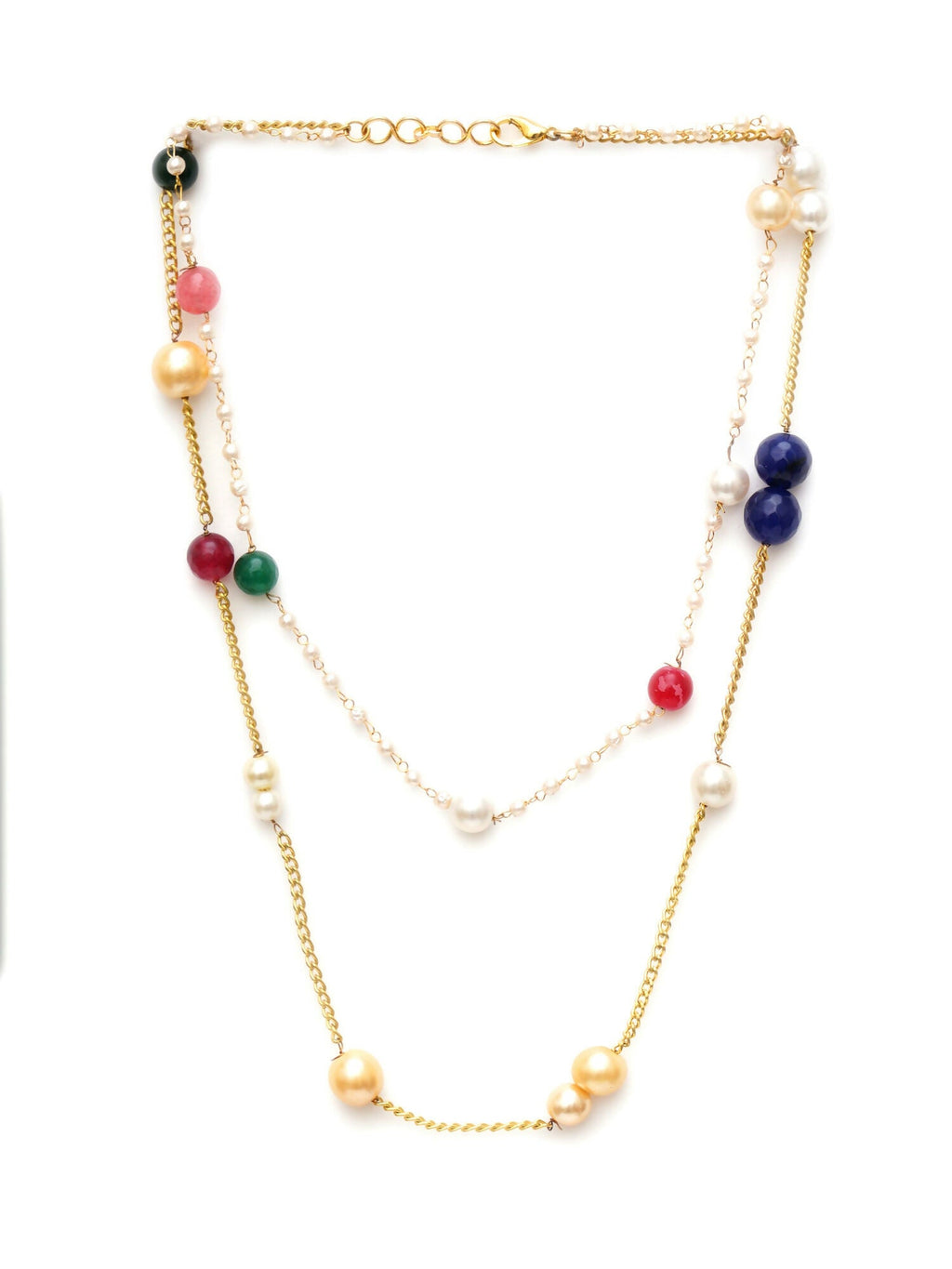 Layered Pearl and Gold Neckpiece with Multi Stones (Multi Color) - Ruby Raang