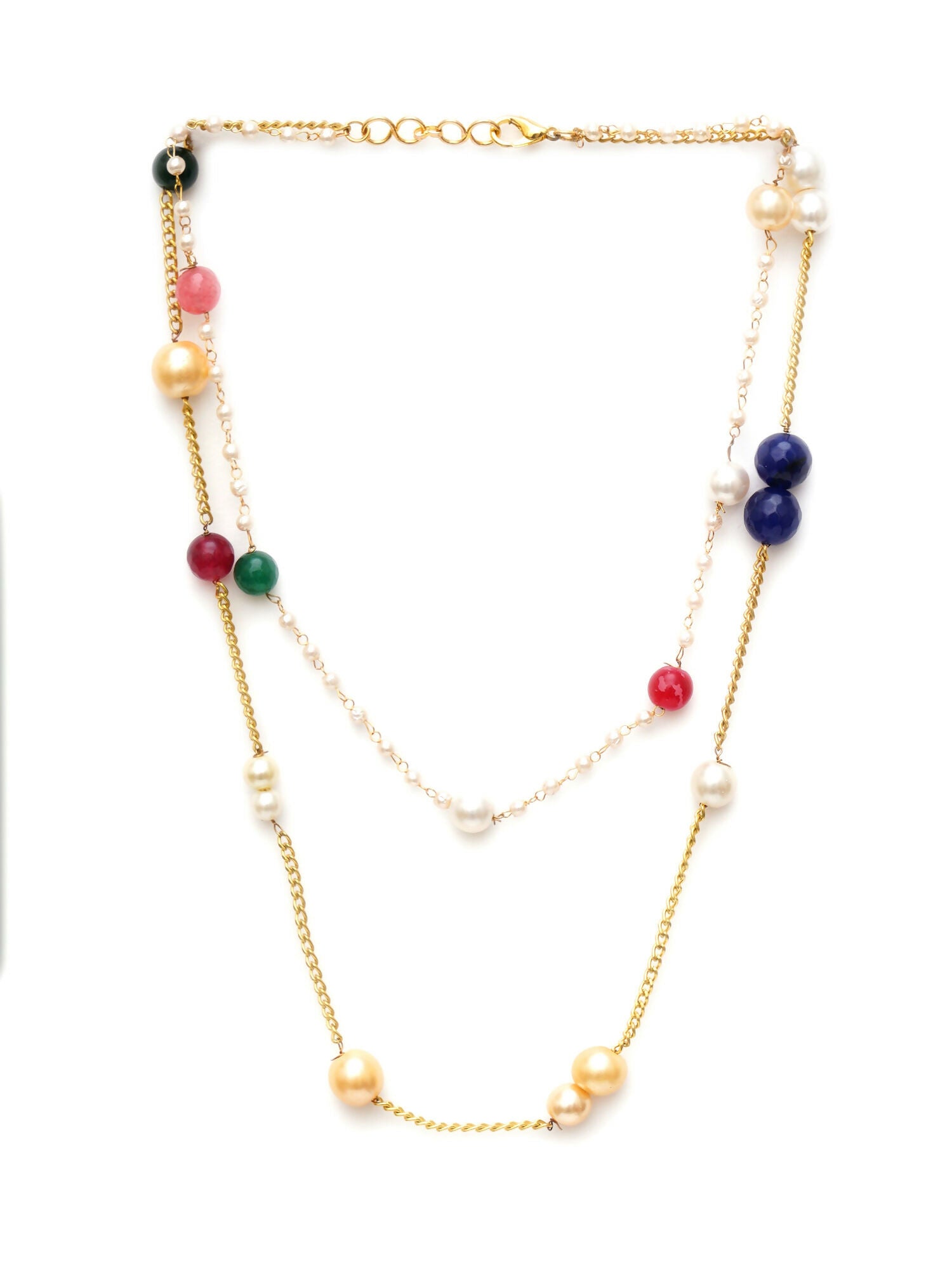 Layered Pearl and Gold Neckpiece with Multi Stones (Multi Color) - Ruby Raang