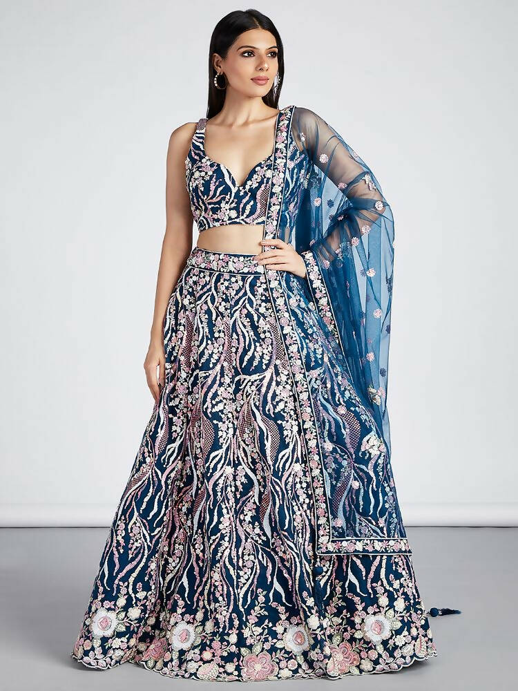 House of Panchhi Navy Blue Net Sequins And Thread Embroidery Lehenga Choli & Dupatta