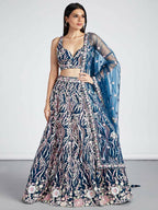 House of Panchhi Navy Blue Net Sequins And Thread Embroidery Lehenga Choli & Dupatta