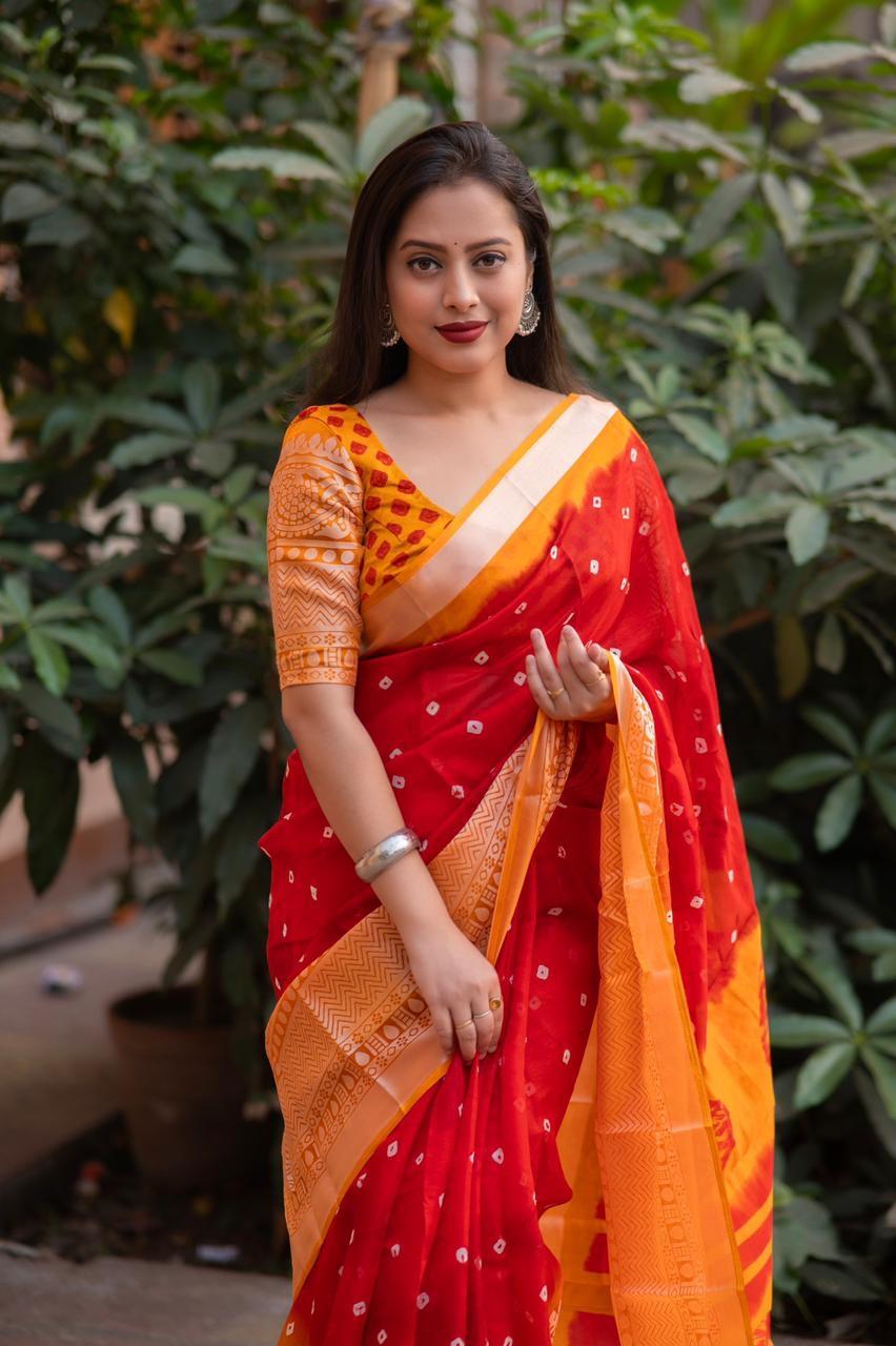 Red Jute Silk Ethnic Motifs Saree with Unstitched Blouse - A2M - Distacart