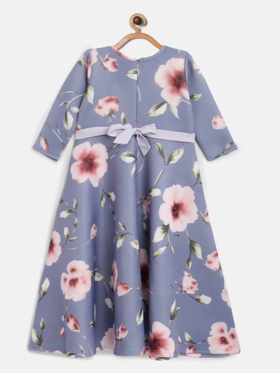 Ahalyaa Light Blue Digital Print Floral Kids Dress For Girls