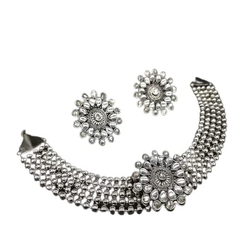 Tehzeeb Creations Women's Silver Colour Oxidised Necklace And Earrings With Kundan