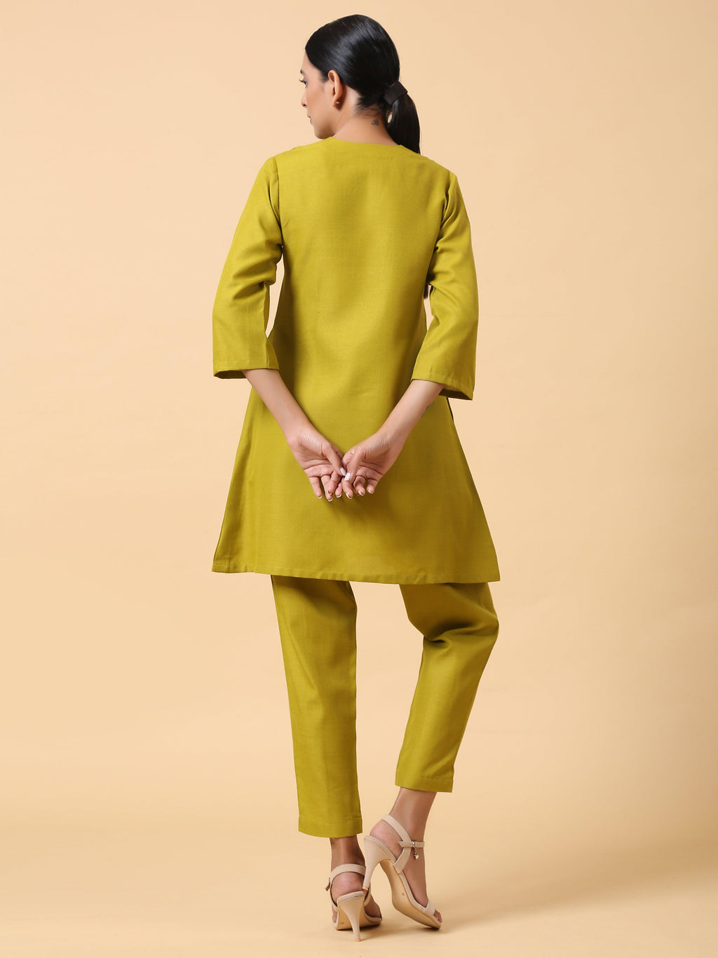 trueBrowns Cotton Linen Lime Green Pleated Co-Ord Set | Relove - Distacart