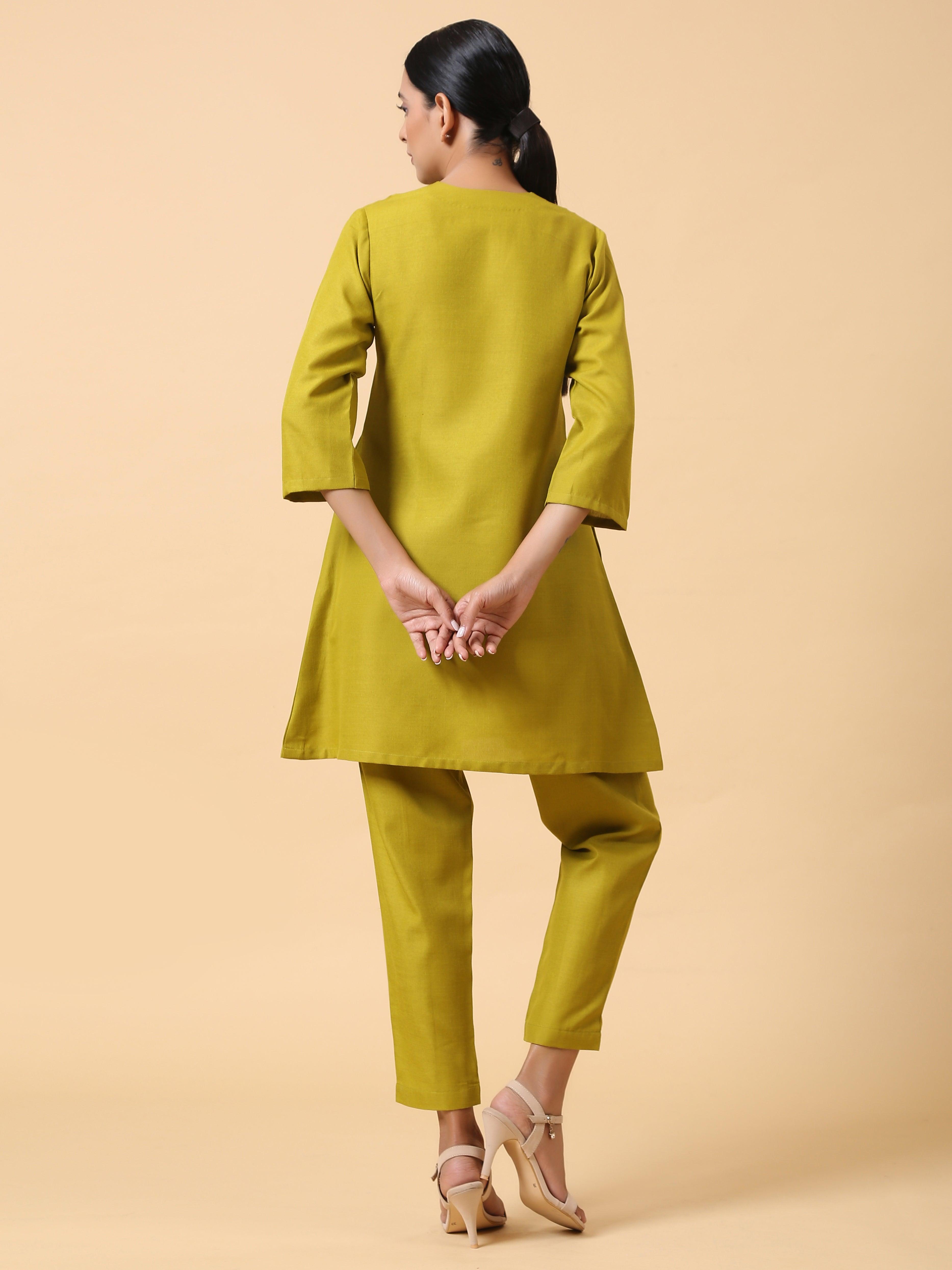trueBrowns Cotton Linen Lime Green Pleated Co-Ord Set | Relove - Distacart