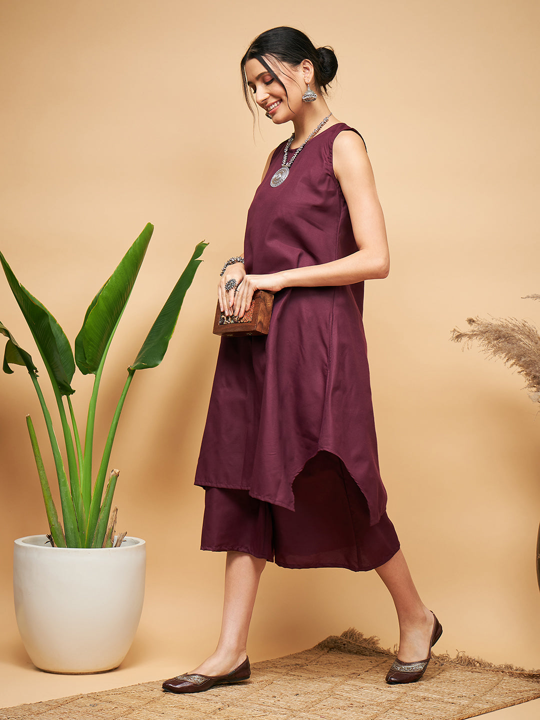 InWeave Women's Wine Solid Short Kurta Palazzo Set