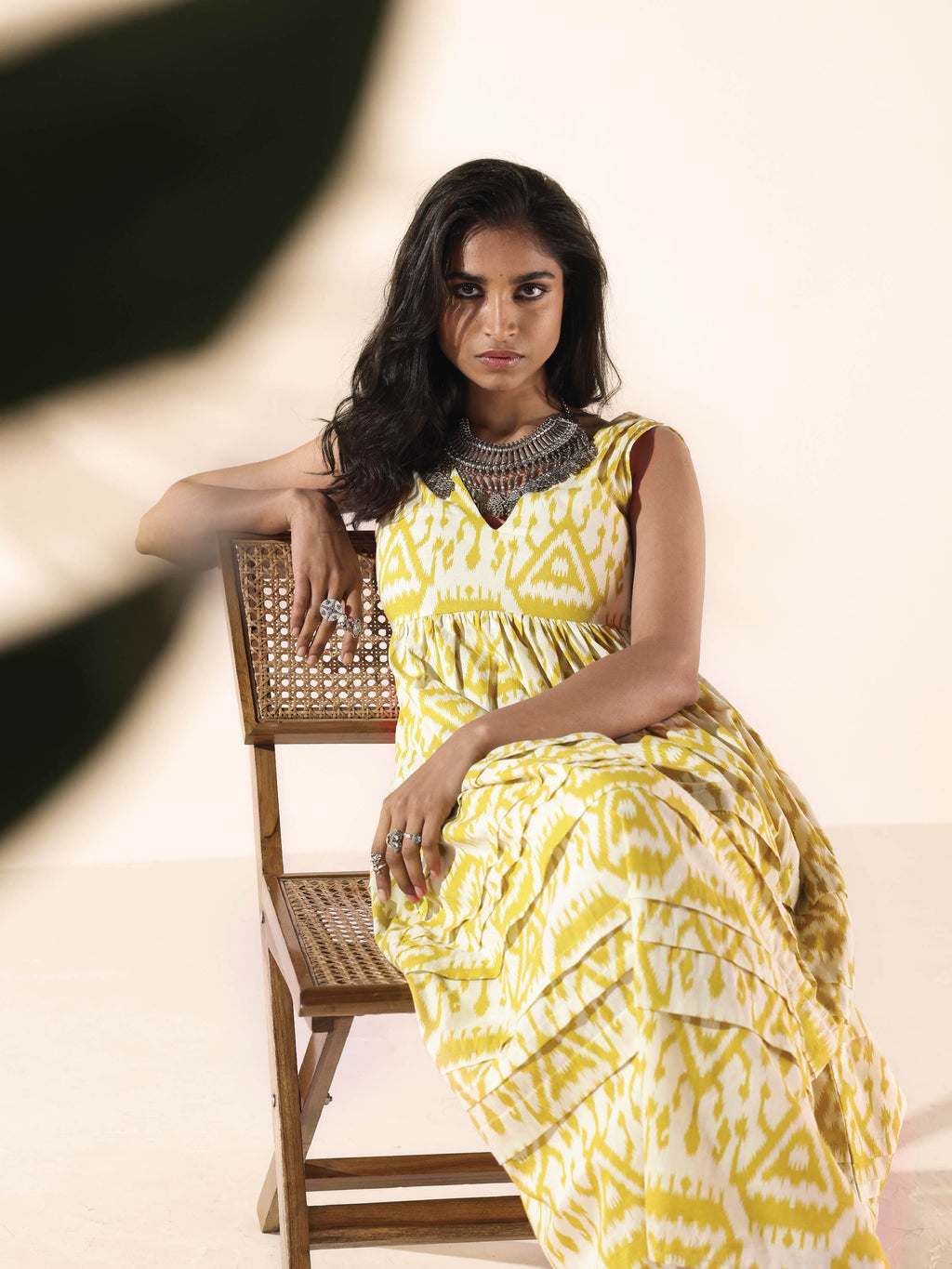 trueBrowns Lime Cotton Ikat Sleeveless Flared Dress - Distacart