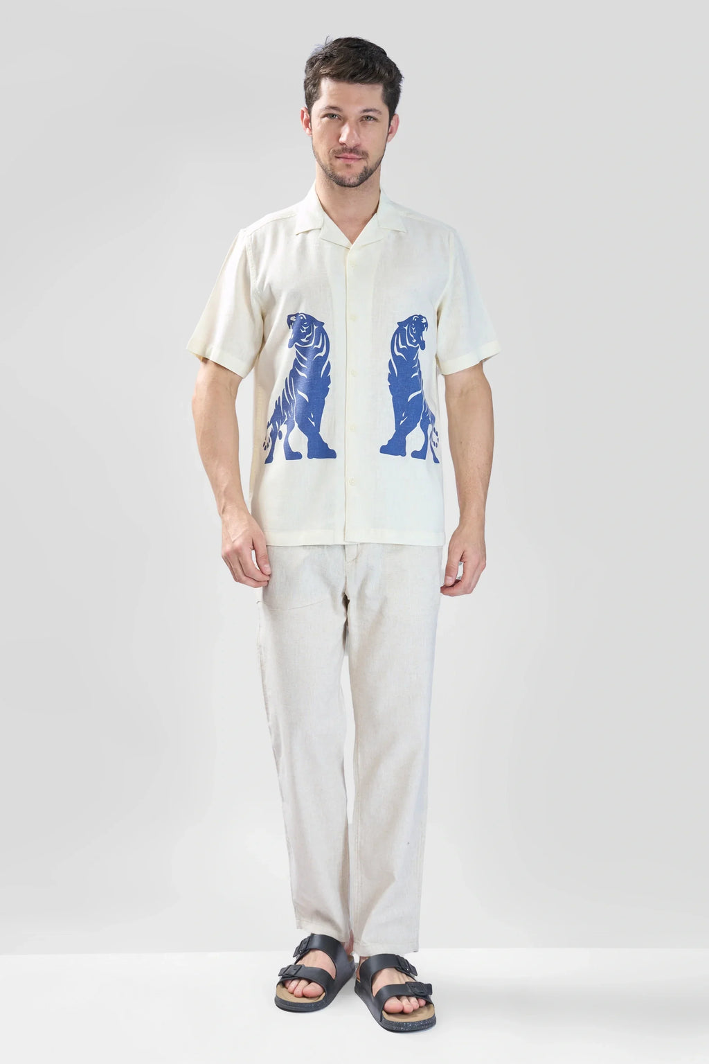 Xkind Tiger Printed Natural Linen Relaxed Fit Shirt