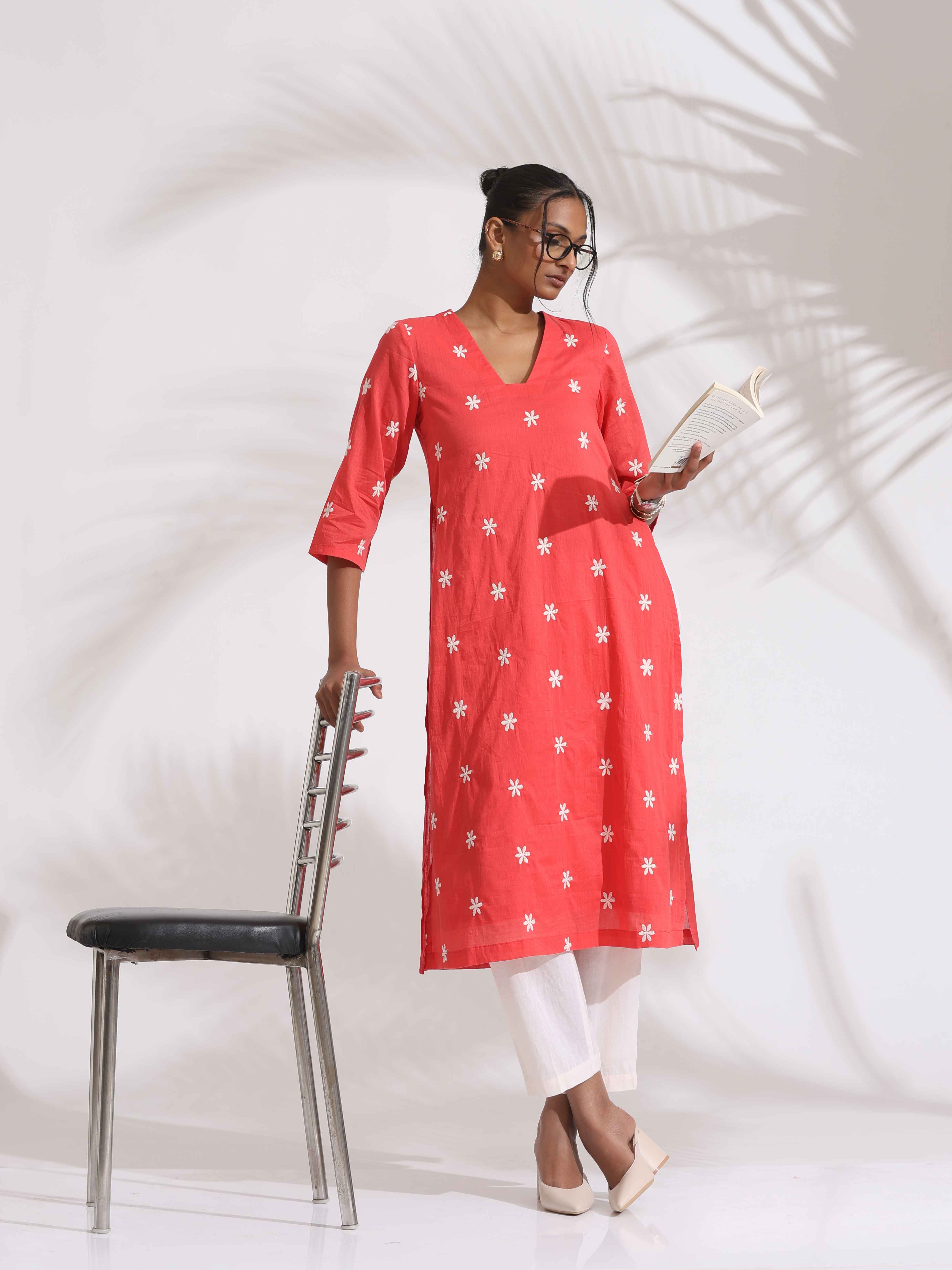 trueBrowns Orange Cotton Floral Embroidered Kurta Set - Distacart