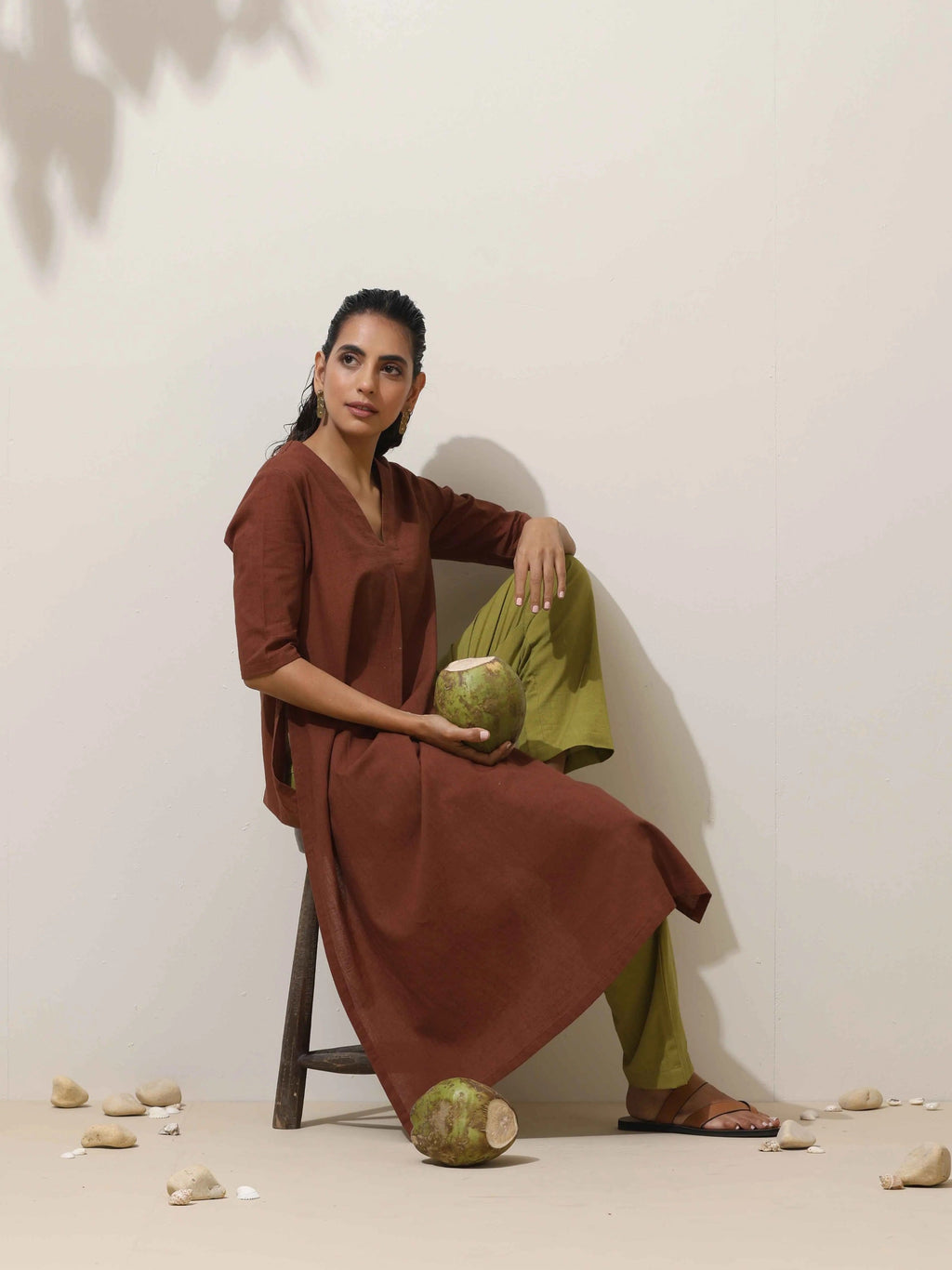 trueBrowns Brown Cotton Linen Kurta Pant Set - Distacart