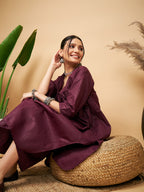 InWeave Women's Wine Solid Flared Kurta Palazzo Set