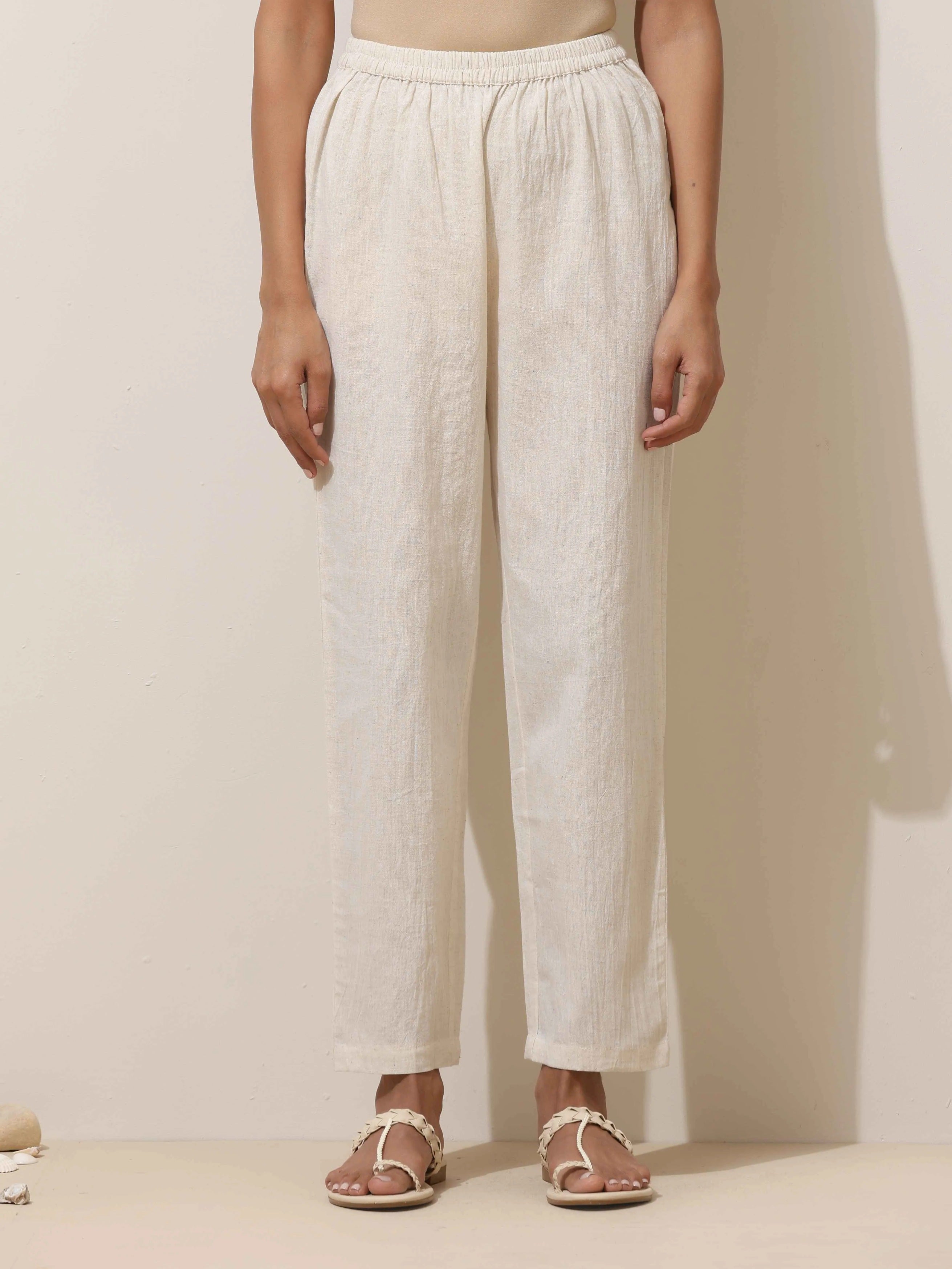 trueBrowns Off-White Cotton Linen Kurta Pant Set - Distacart