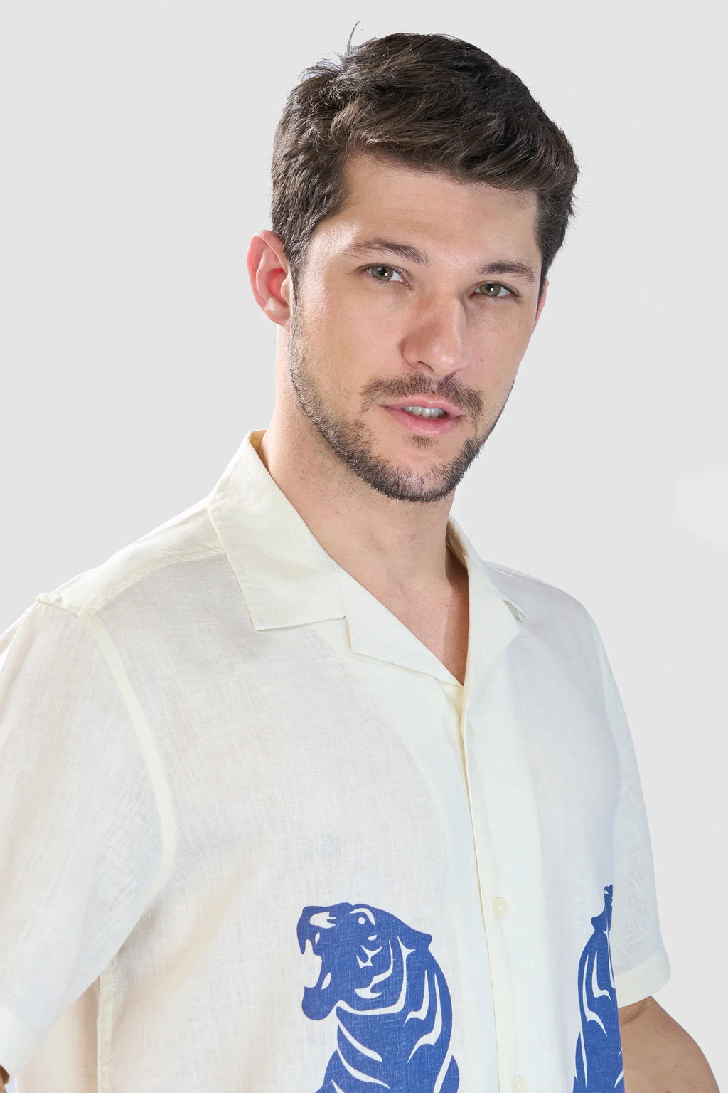 Xkind Tiger Printed Natural Linen Relaxed Fit Shirt