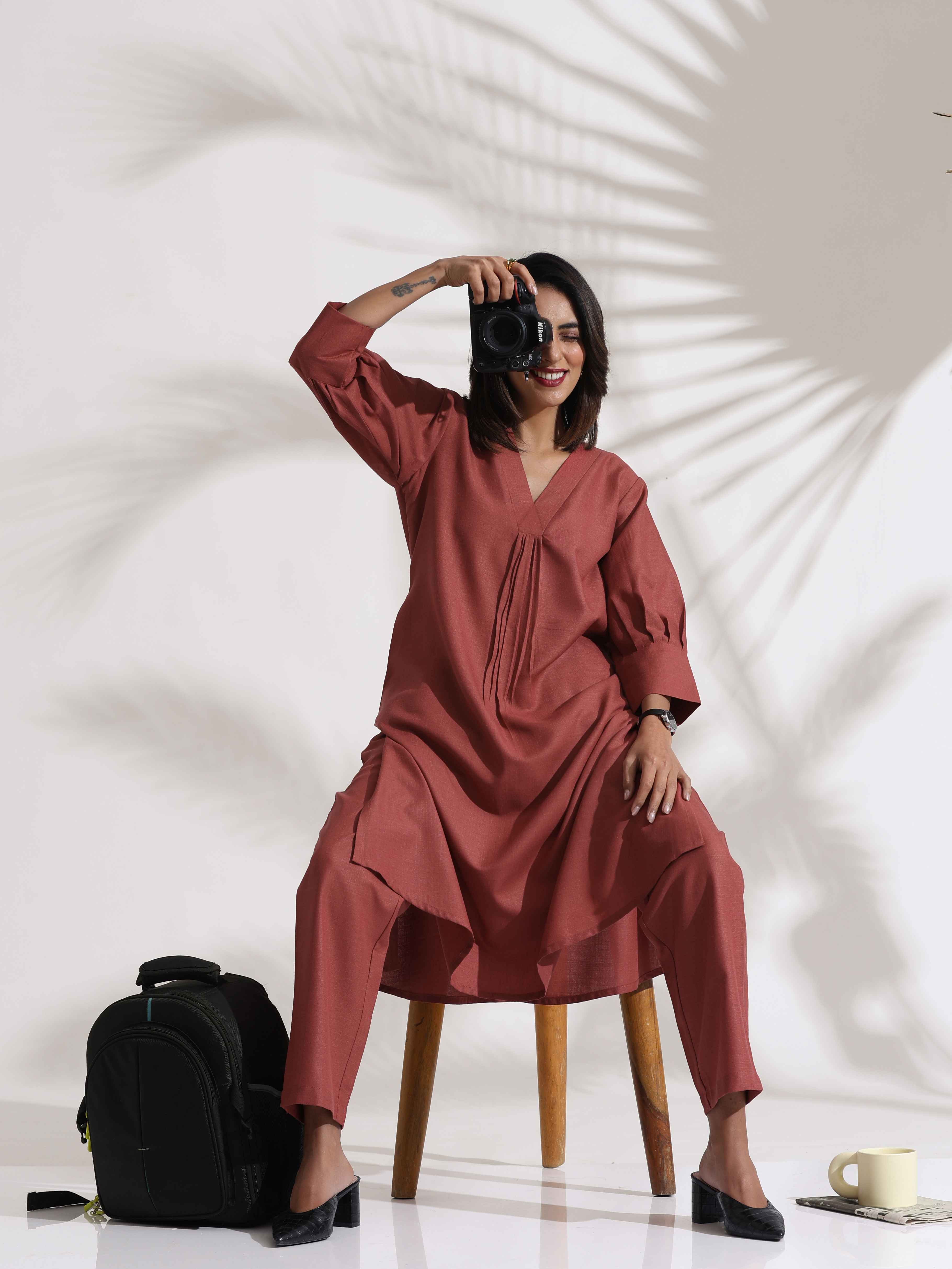 trueBrowns Pink Slub Kurta Set - Distacart
