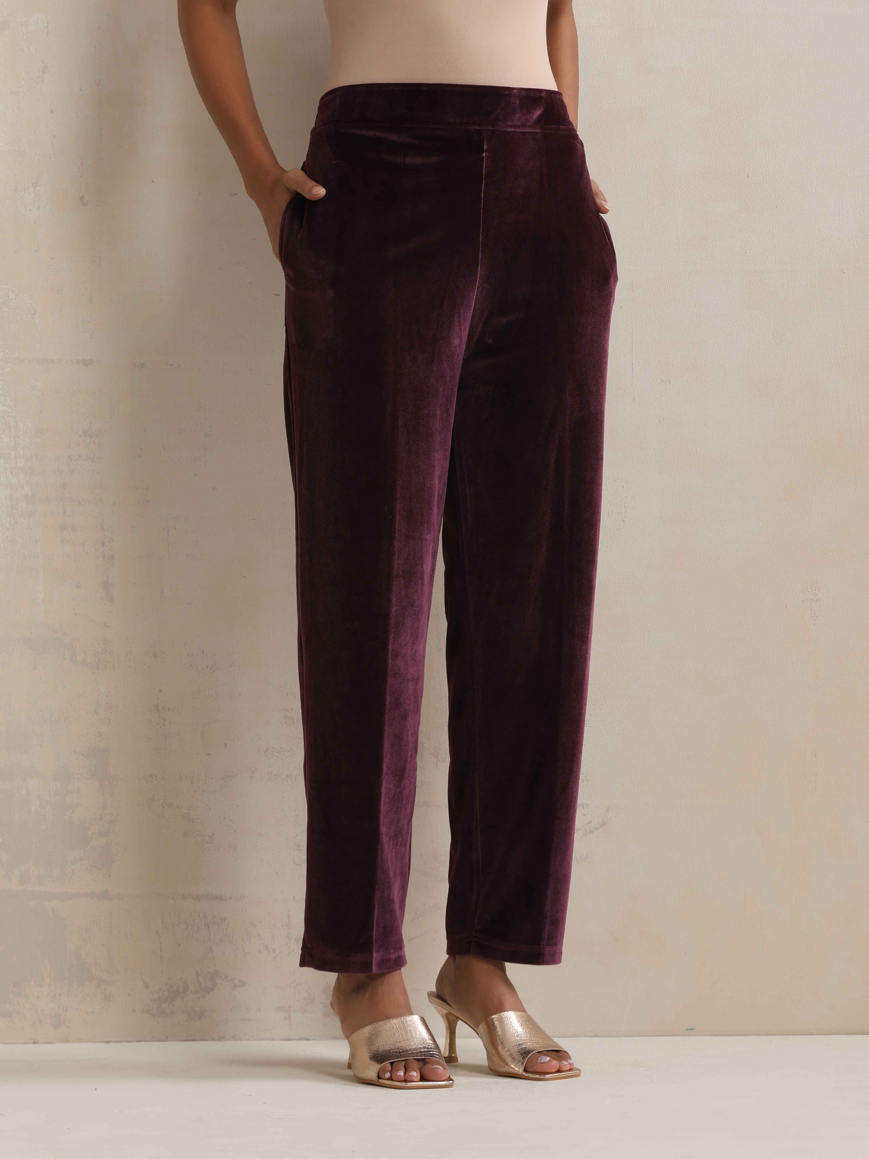 trueBrowns Purple Velvet Embroidered Kurta Pant Dupatta Set - Distacart