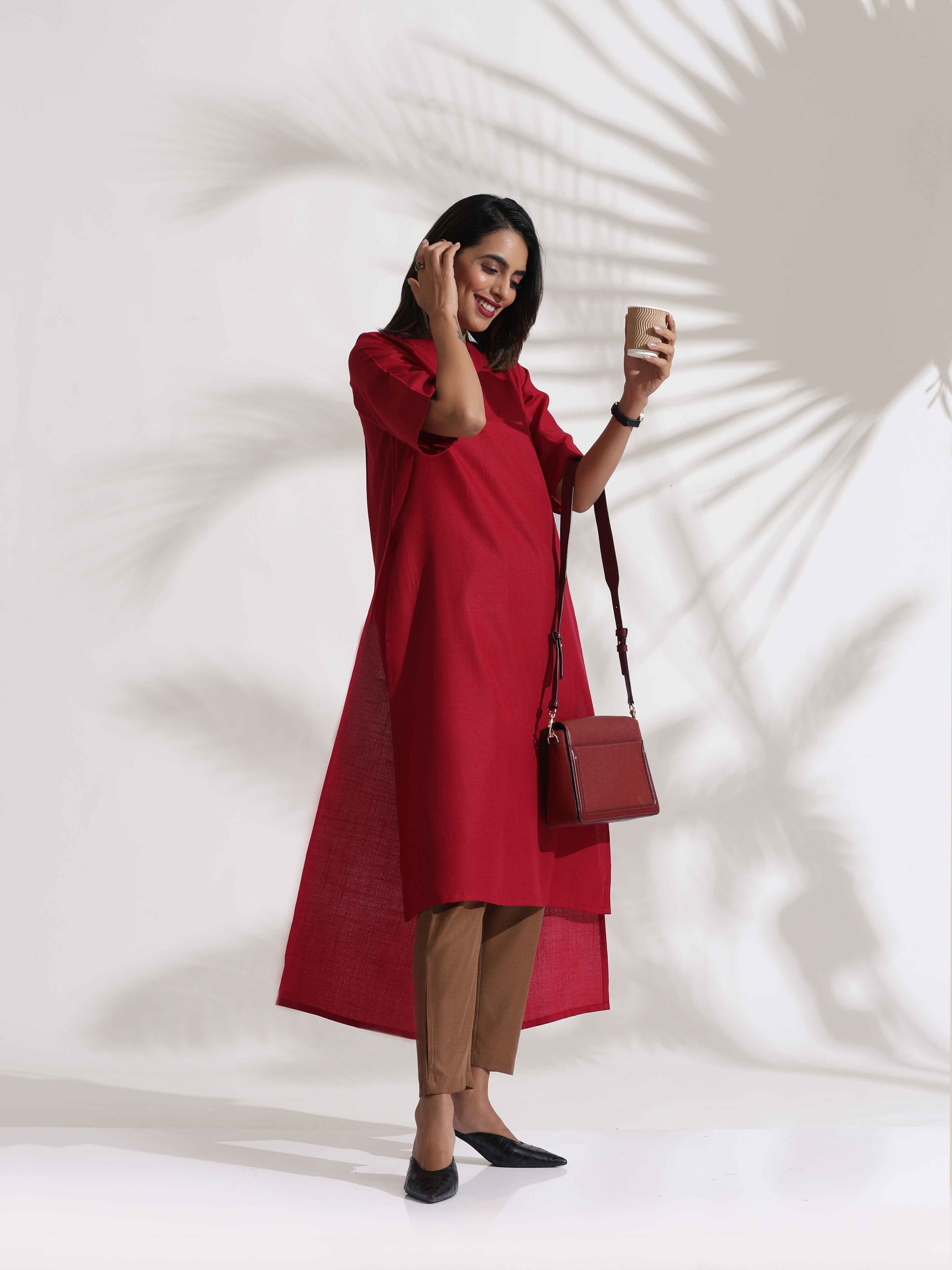 trueBrowns Maroon Slub Highslit Kurta Set - Distacart