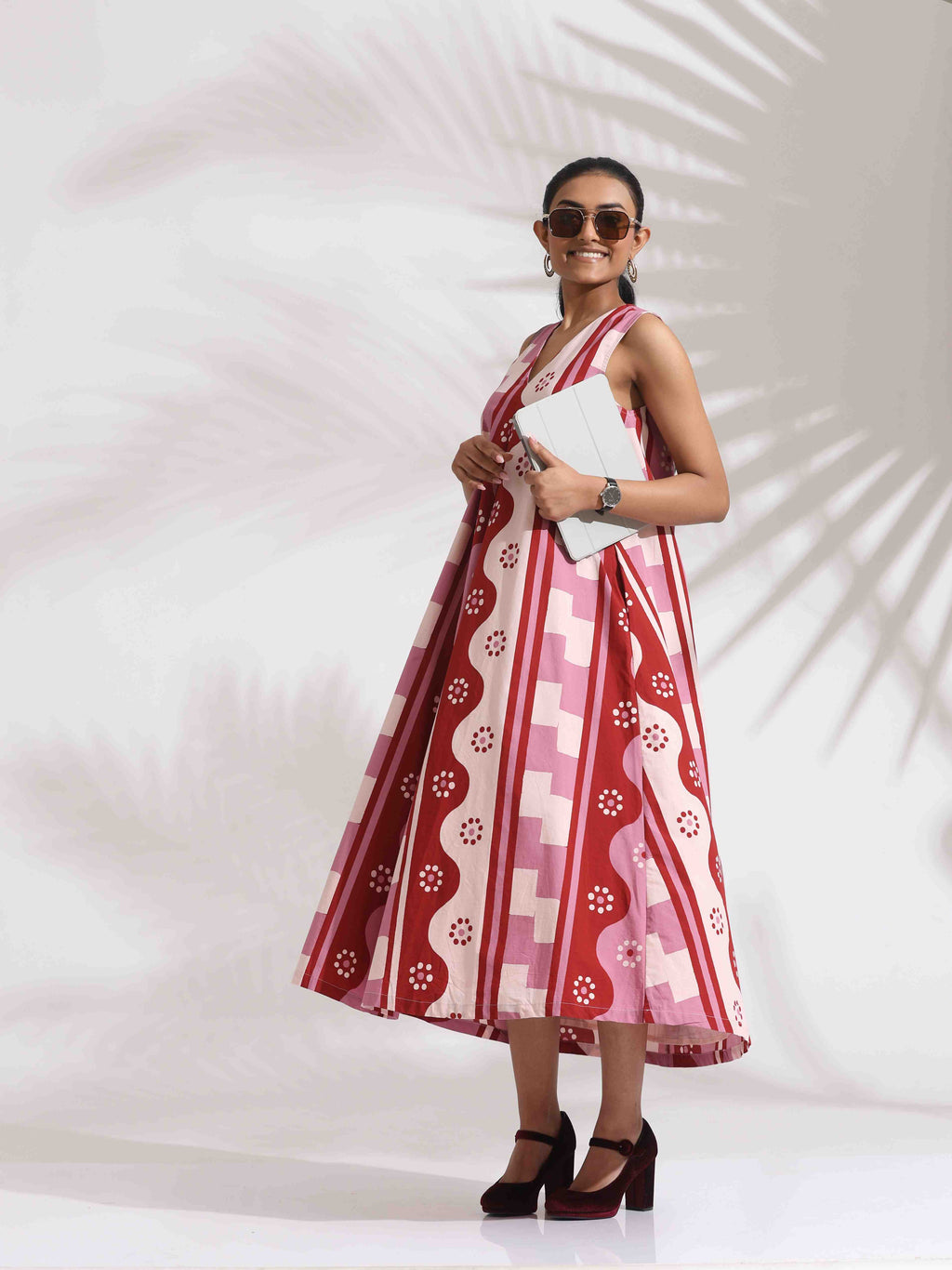 trueBrowns Pink Cotton Abstract Print Dress - Distacart