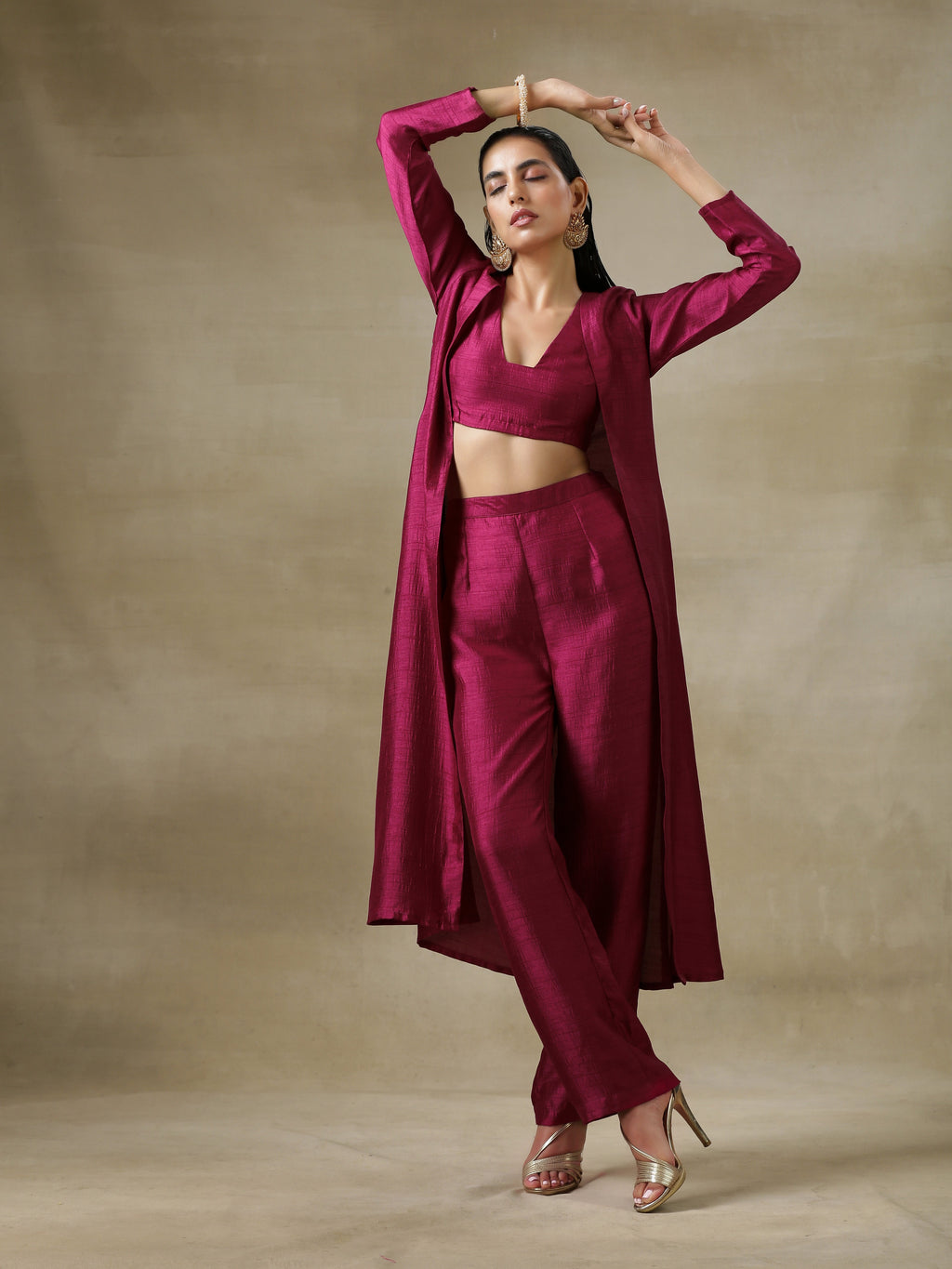 trueBrowns Purple Textured Silk Overlay Jacket Blouse Pant Set | Relove - Distacart