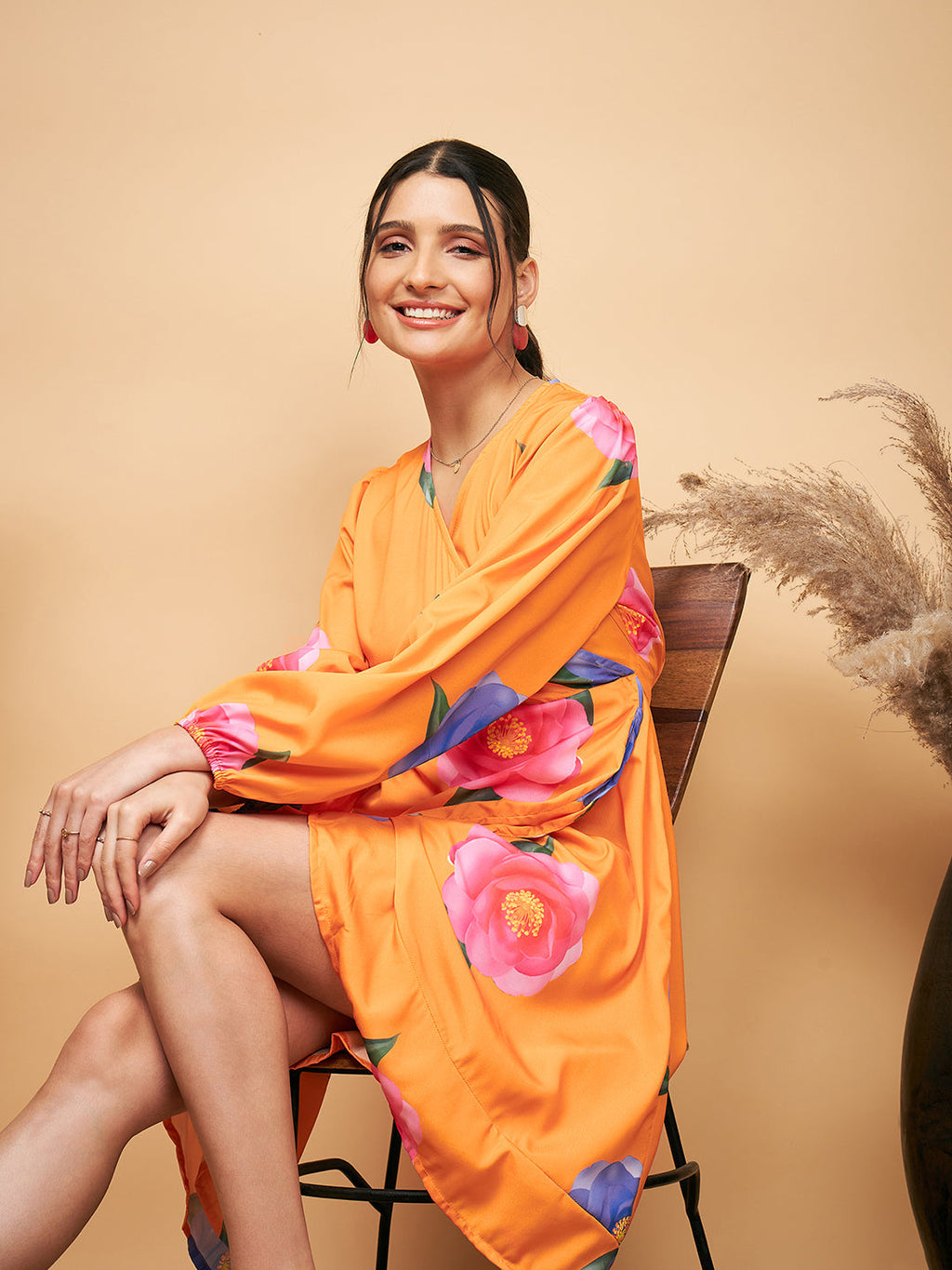 InWeave Women's Haldi Yellow Pink Mauve Flower Belted Dress - Distacart