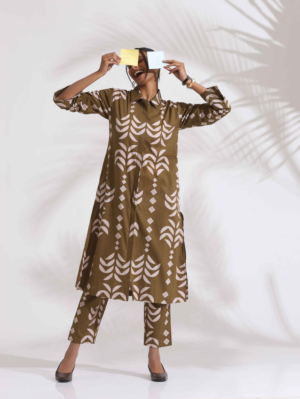 trueBrowns Olive Green Cotton Stripe Print Shirt Kurta Set - Distacart