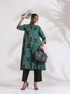 trueBrowns Green Cotton Print Front Slit Kurta Set - Distacart