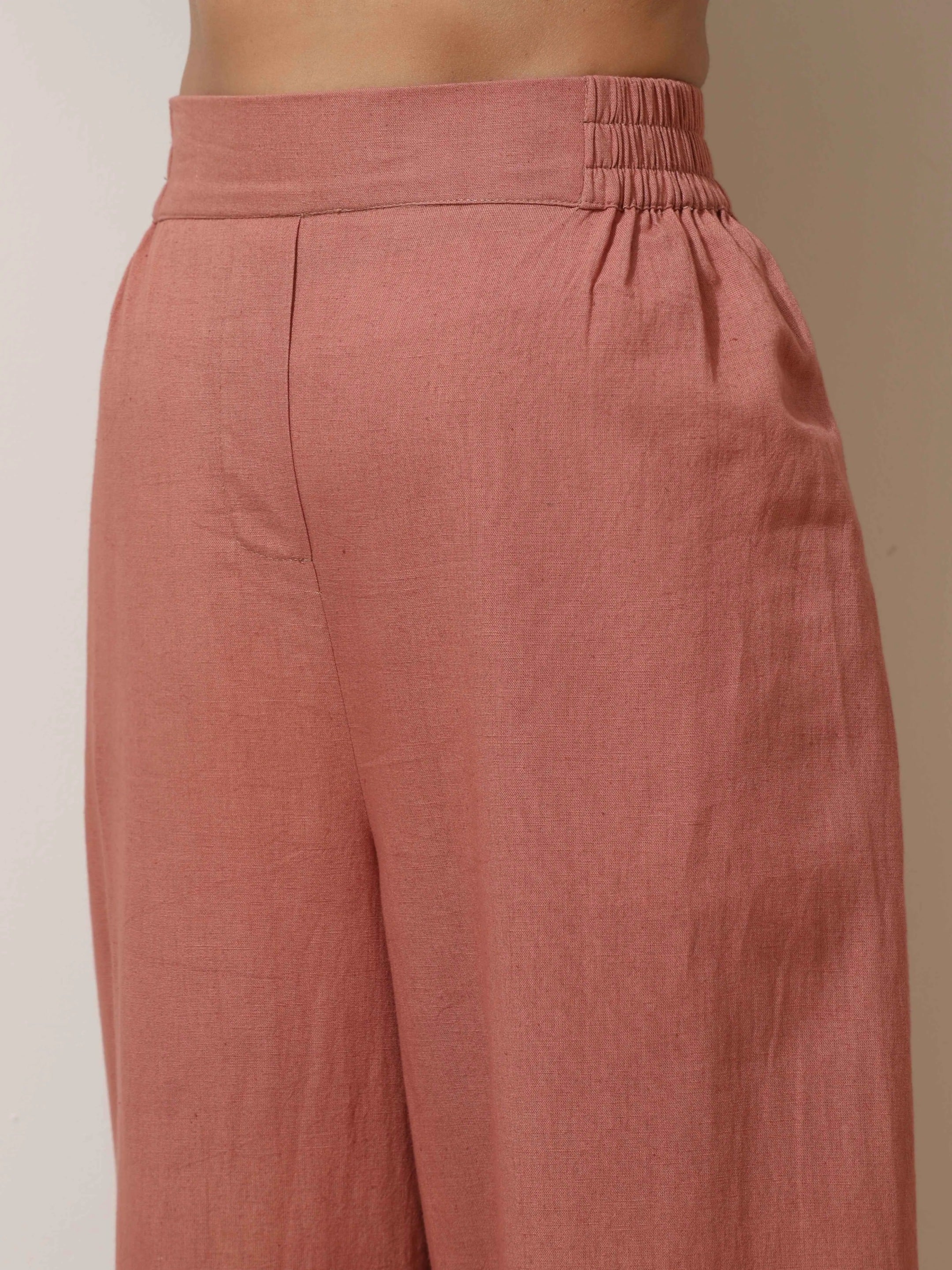 trueBrowns Peach Cotton Linen Kurta Pant Set - Distacart