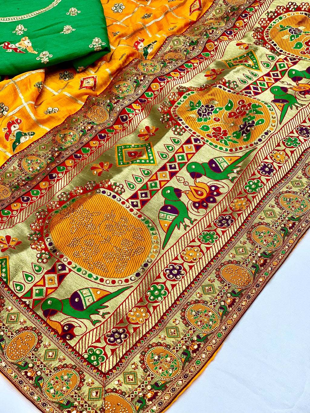 Lorenvalley Fashion Premium Yellow Vichitra Silk Embroidery and Diamond work Both Side Saree