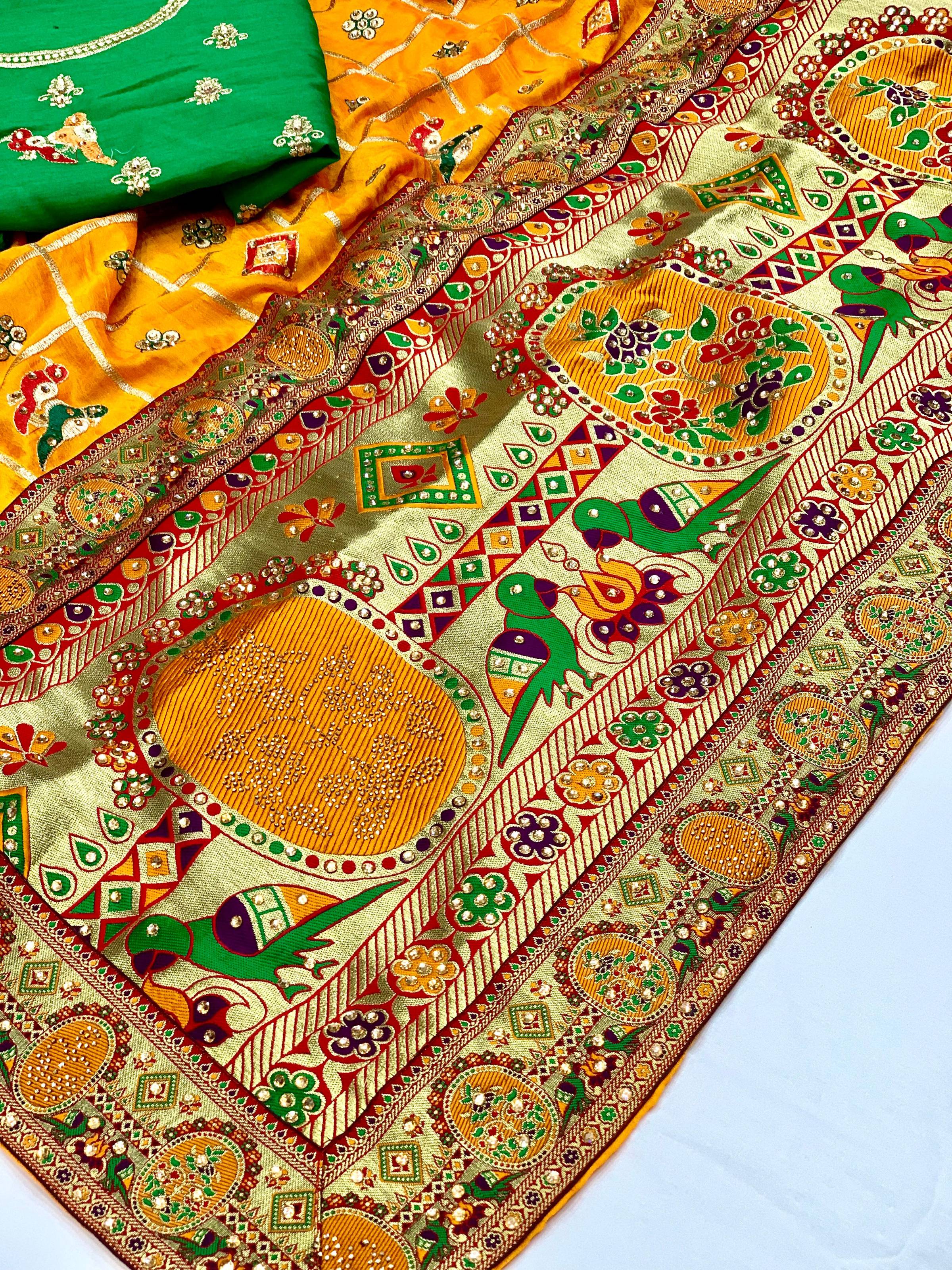 Lorenvalley Fashion Premium Yellow Vichitra Silk Embroidery and Diamond work Both Side Saree