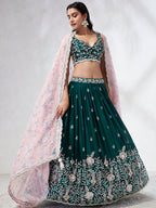 House of Panchhi Teal - Georgette Sequins, Mirror And Thread Embroidery Lehenga Choli