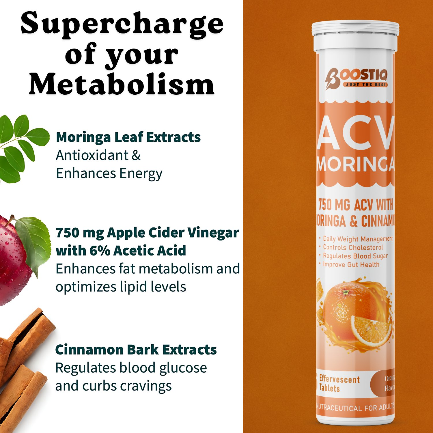 BOOSTIQ ACV Moringa & Cinnamon Effervescent Tablets - Orange Flavour