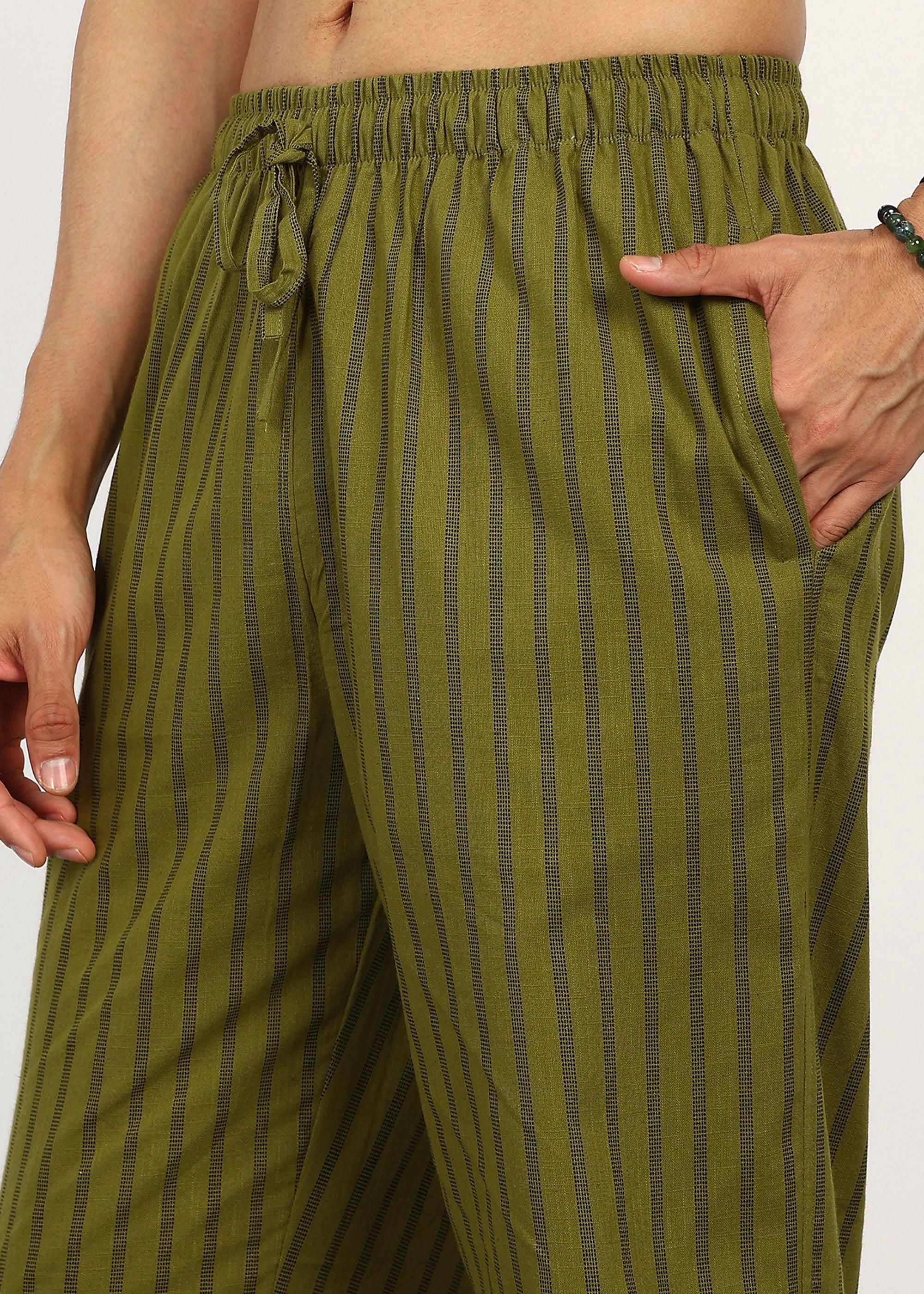 Fabmade Olive Stripe Linen Kurta Set