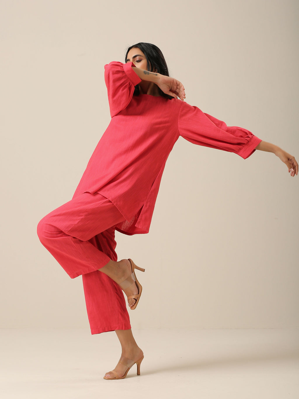trueBrowns Bright Pink Slub Texture Baggy Sleeve Co-Ord Set | Relove - Distacart