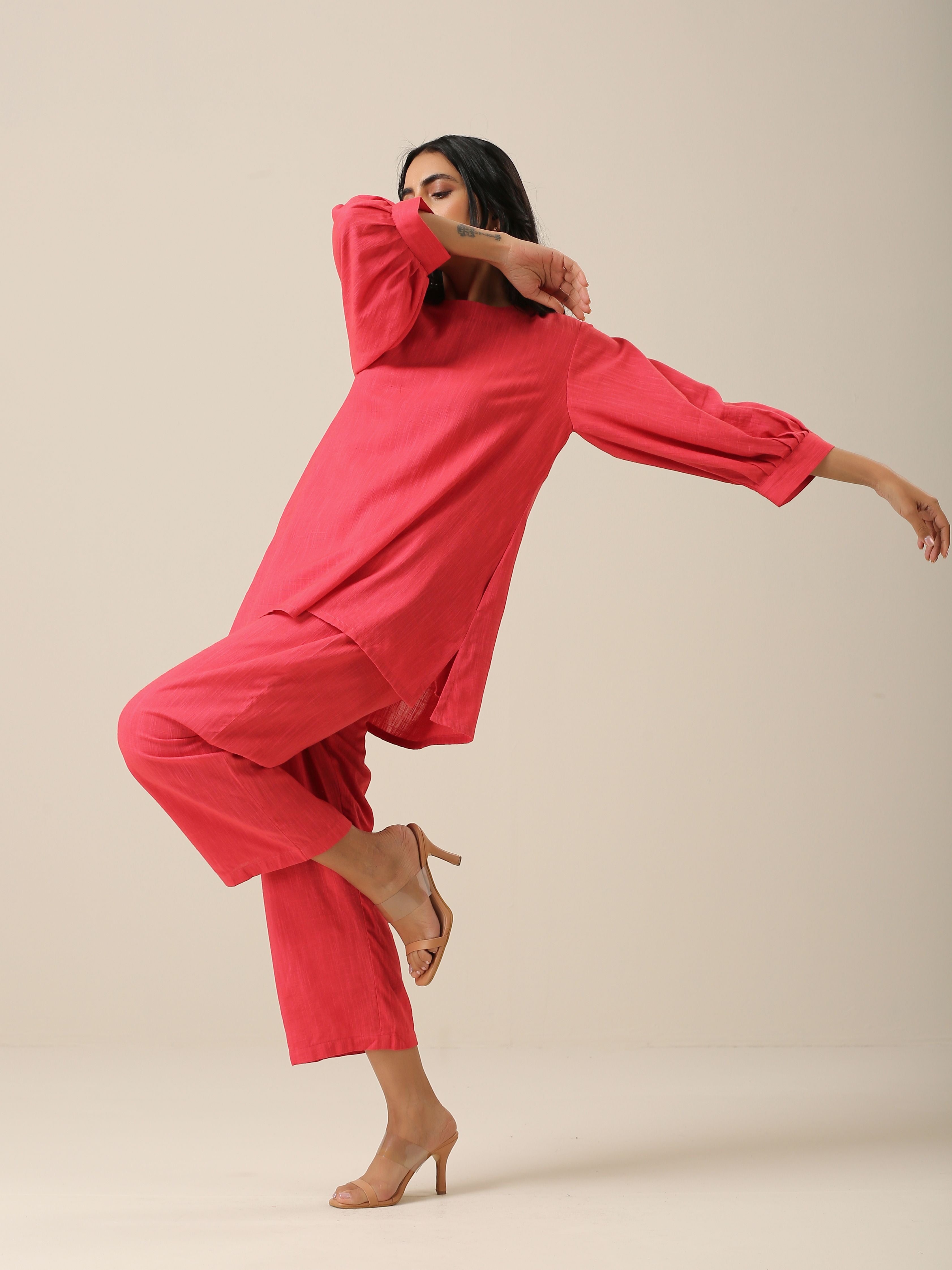 trueBrowns Bright Pink Slub Texture Baggy Sleeve Co-Ord Set | Relove - Distacart