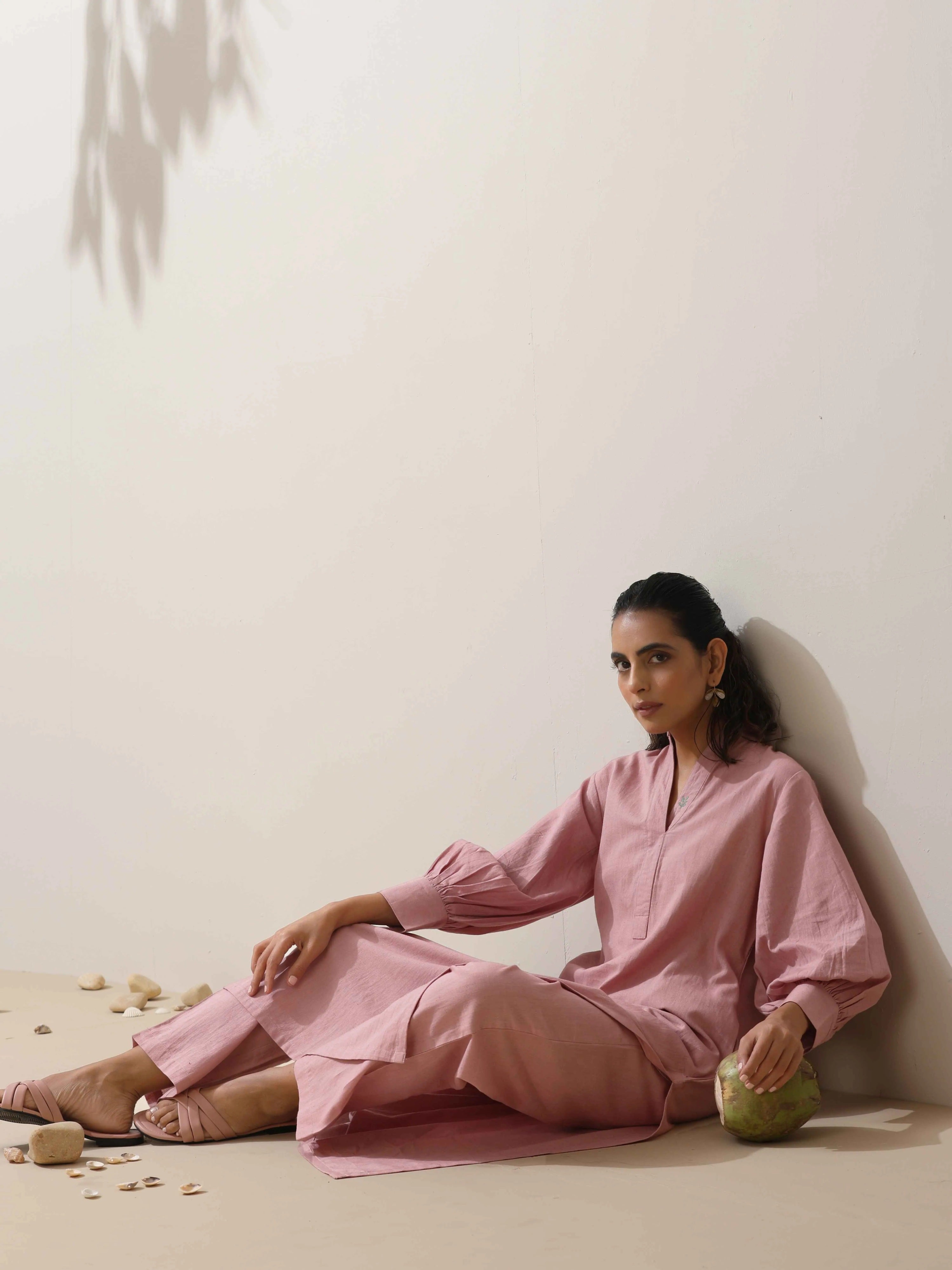 trueBrowns Pink Cotton Linen Kurta Pant Set - Distacart
