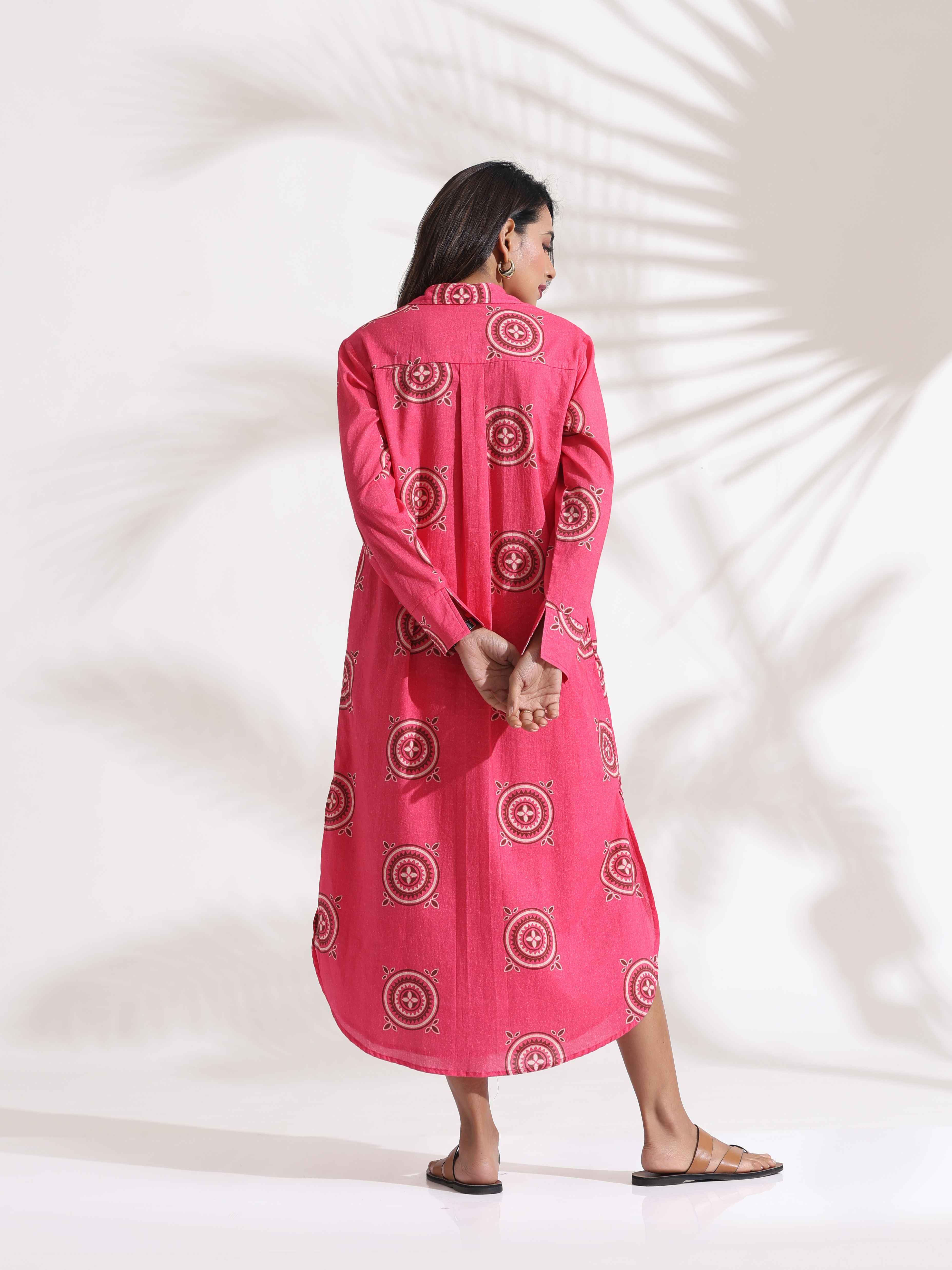 trueBrowns Pink Cotton Print A-line Dress - Distacart