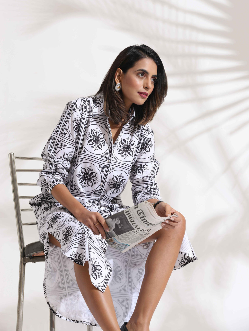 trueBrowns White Cotton Print Shirt Dress - Distacart