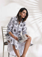 trueBrowns White Cotton Print Shirt Dress - Distacart