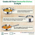 The Indus Valley TurboCuk Tri-ply Stainless Steel Cookware Set: 24cm Kadai with Lid + 22cm Fry Pan + 16cm Sauce pan, Premium Quality, 3 Layer Thick Body, 100% Toxin-free, Non-stick, Induction & Gas