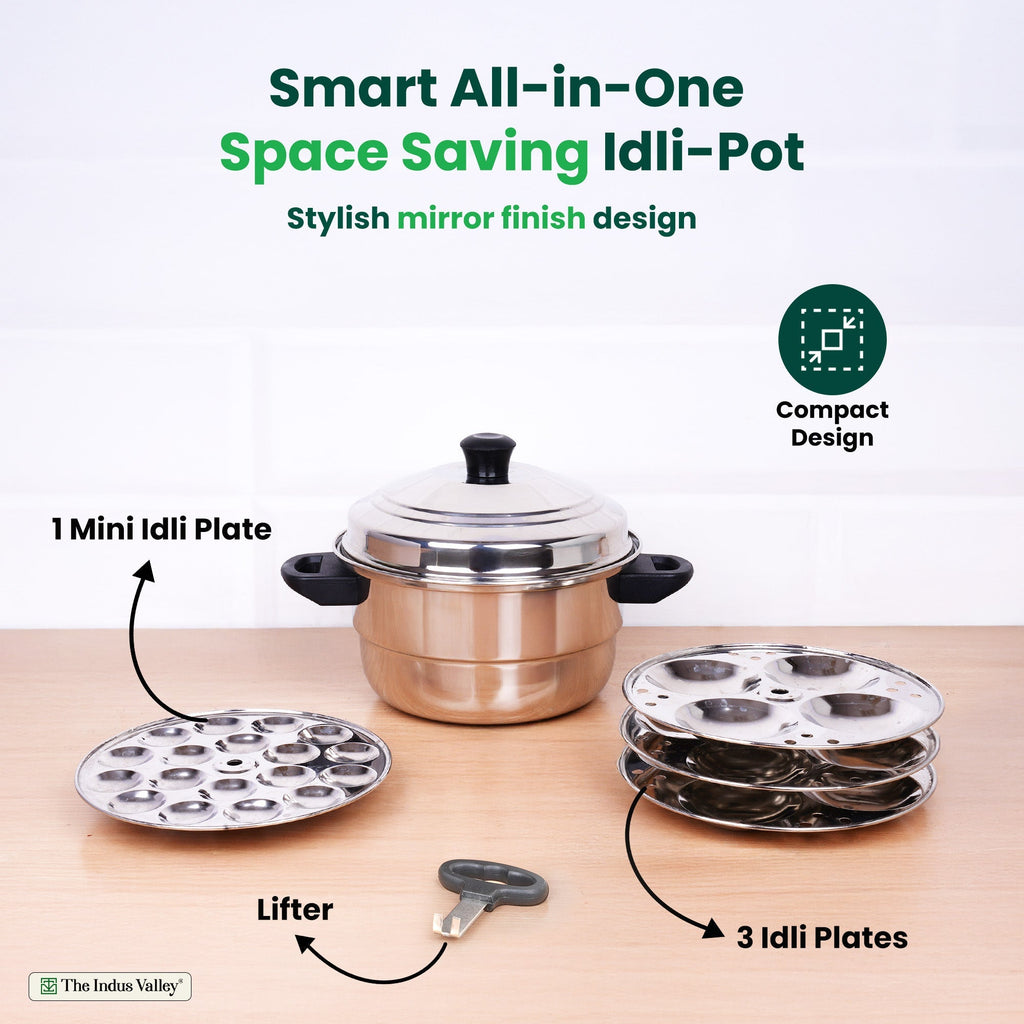 The Indus Valley Premium Stainless Steel idlipot regular with mini idli plates-(3+1) Idli/ Momo Maker/  Veg Steaming Set, Tri-ply Induction Bottom, 4 Plates